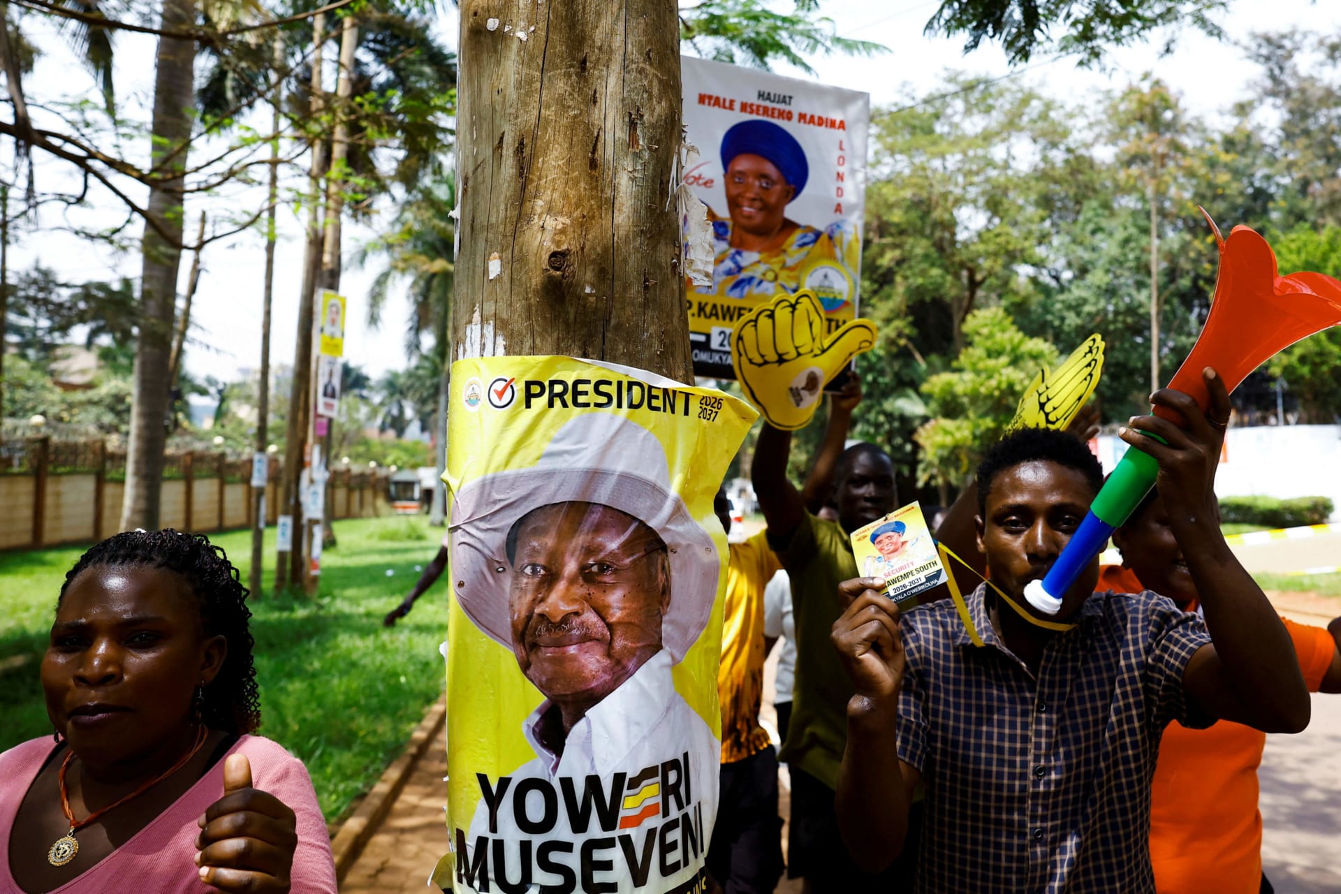 <p>Supporters of Uganda’s President and leader of the ruling National Resistance Movement party, Yoweri Museveni, celebrate before the announcement of the final presidential results following the general election in Kampala, Uganda, January 17, 2026.</p>
