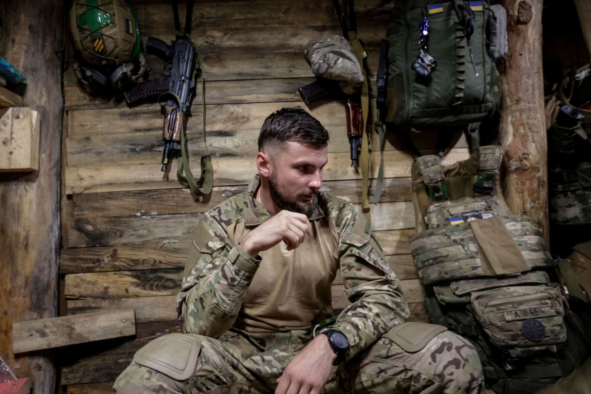 <p>A Ukrainian serviceman is seen in a shelter at the front line in Donetsk region.</p>
