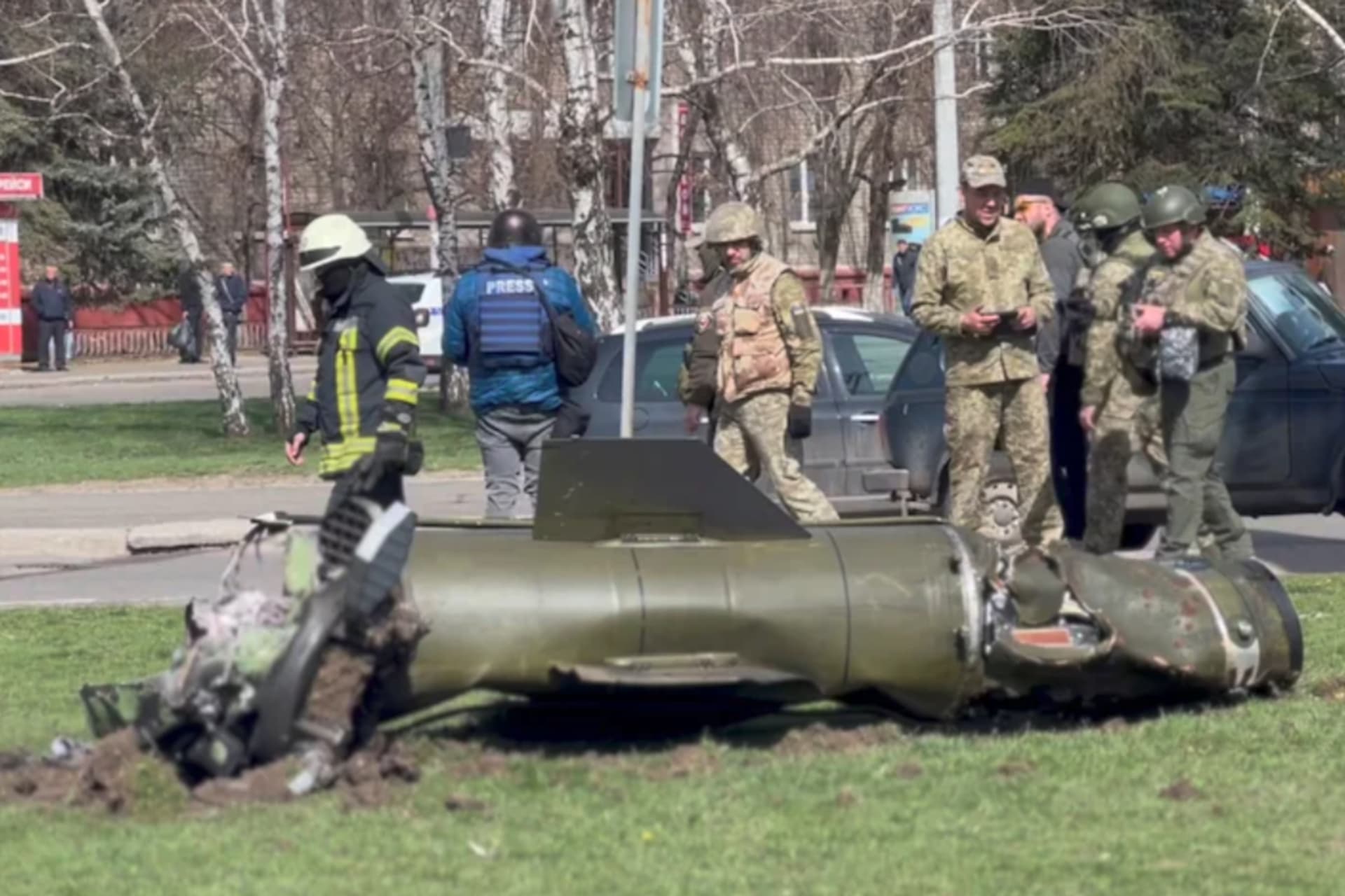 <p>The remains of a missile are seen near a railway station in Kramatorsk, Ukraine, on April 8.</p>
