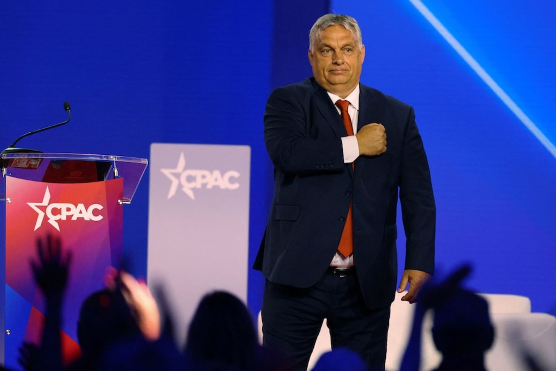 <p>Hungarian Prime Minister Viktor Orban gestures to the audience after speaking at the Conservative Political Action Conference in Dallas on Aug. 4. </p>