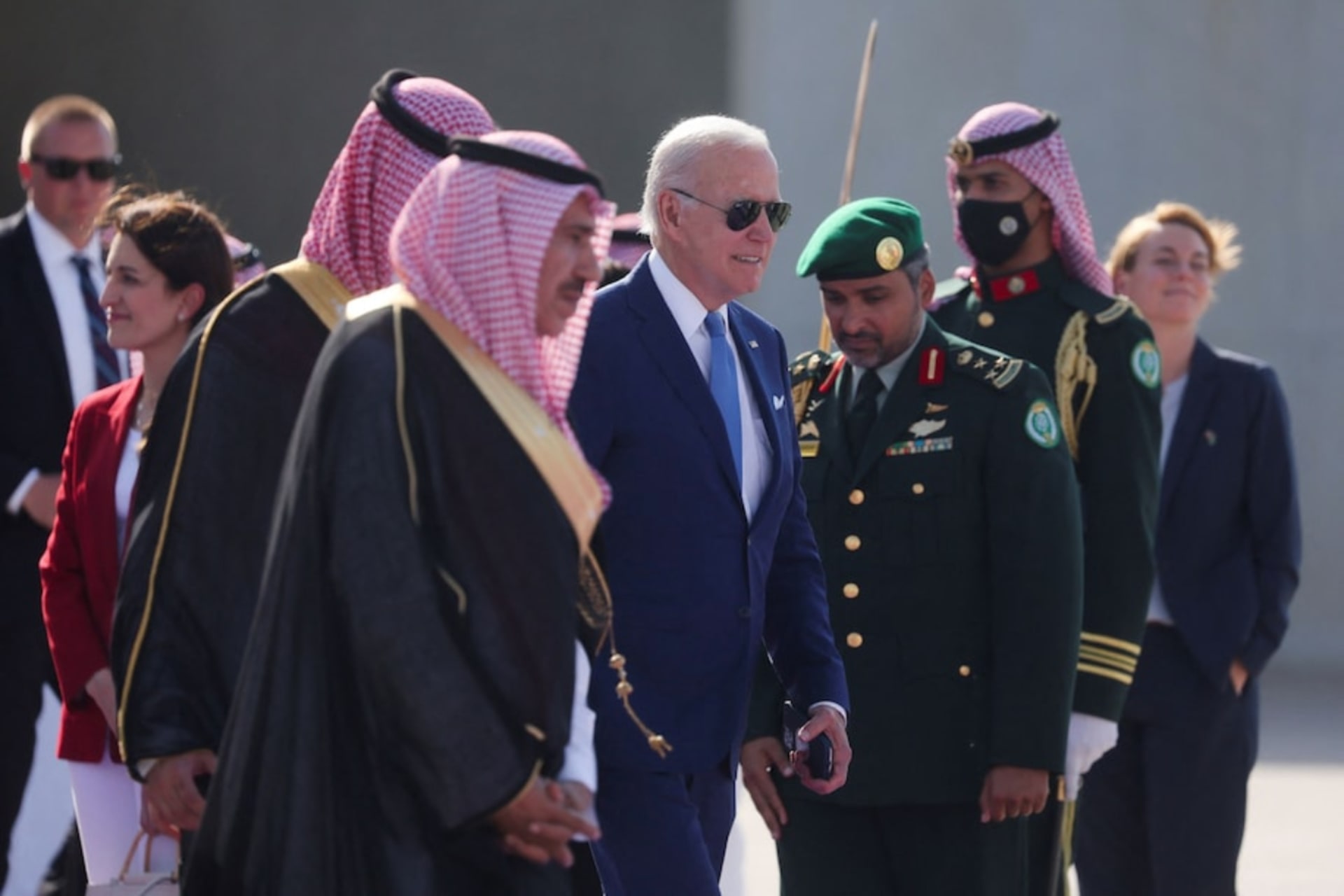 <p>President Biden walks to board a plane after an Arab summit in Jiddah, Saudi Arabia, on July 16. </p>
