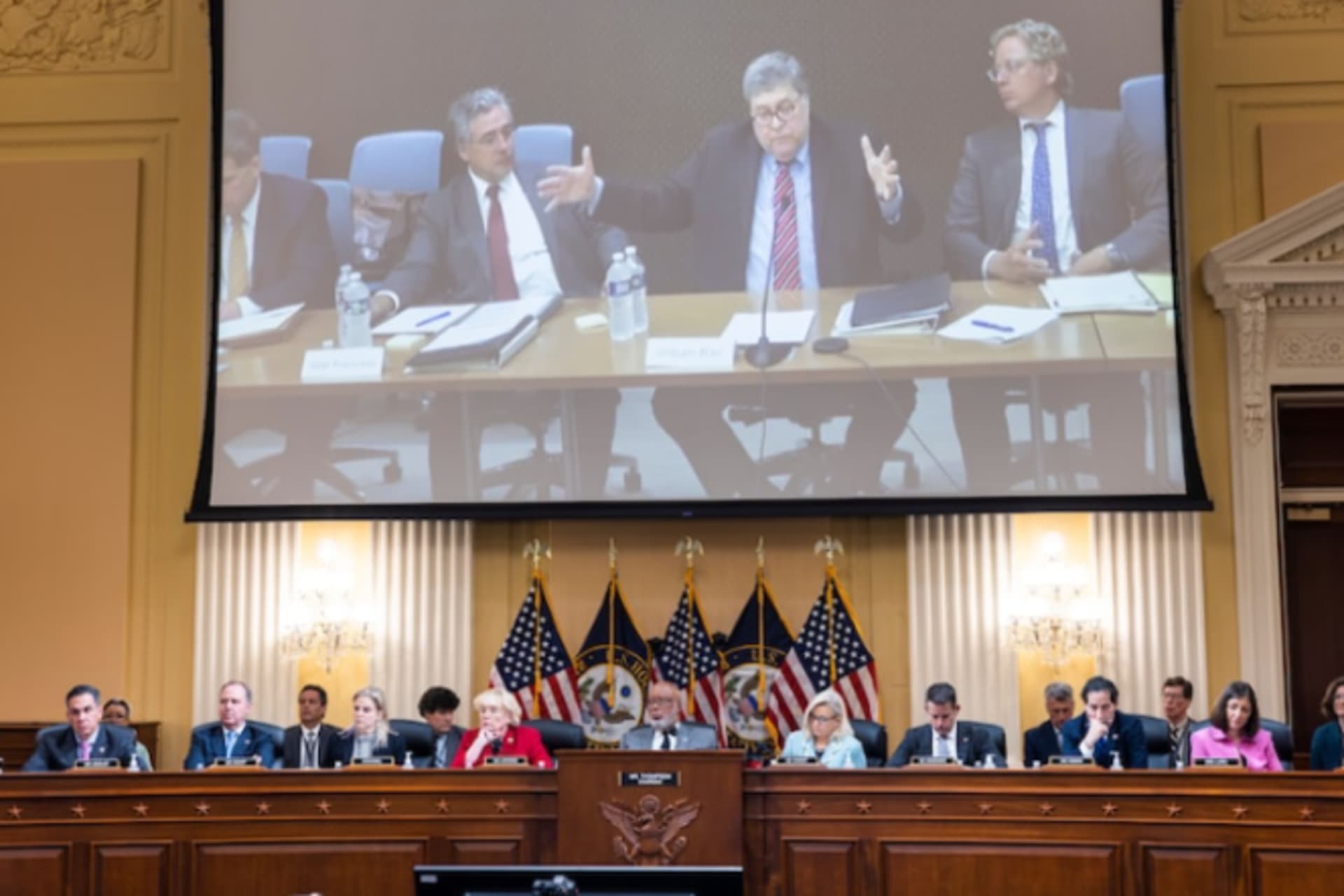 <p>Former Attorney General William P. Barr on a screen at the Jan. 6 committee hearing Monday. </p>
