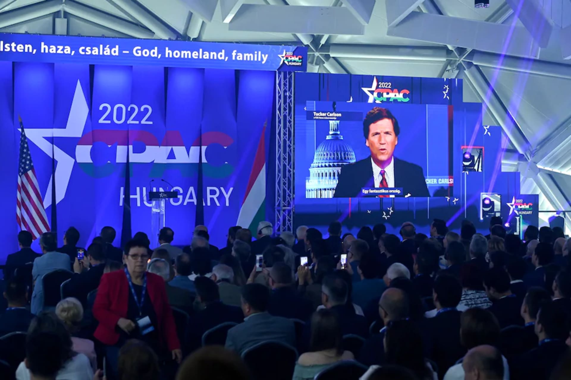 <p>Fox News host Tucker Carlson virtually addresses a CPAC conference in Budapest on May 19</p>
