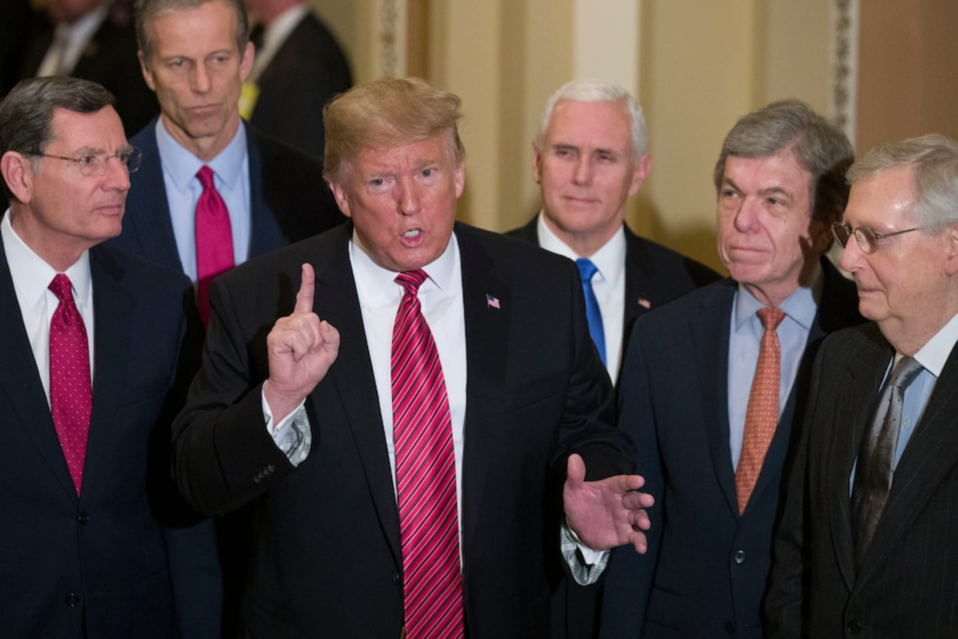 <p> In this Wednesday, Jan. 9, 2019 file photo, Sen. John Barrasso, R-Wyo., left, and Sen. John Thune, R-S.D., stand with President Donald Trump, Vice President Mike Pence, Sen. Roy Blunt, R-Mo., and Senate Majority Leader Mitch McConnell of Ky., as Trump sp</p>

