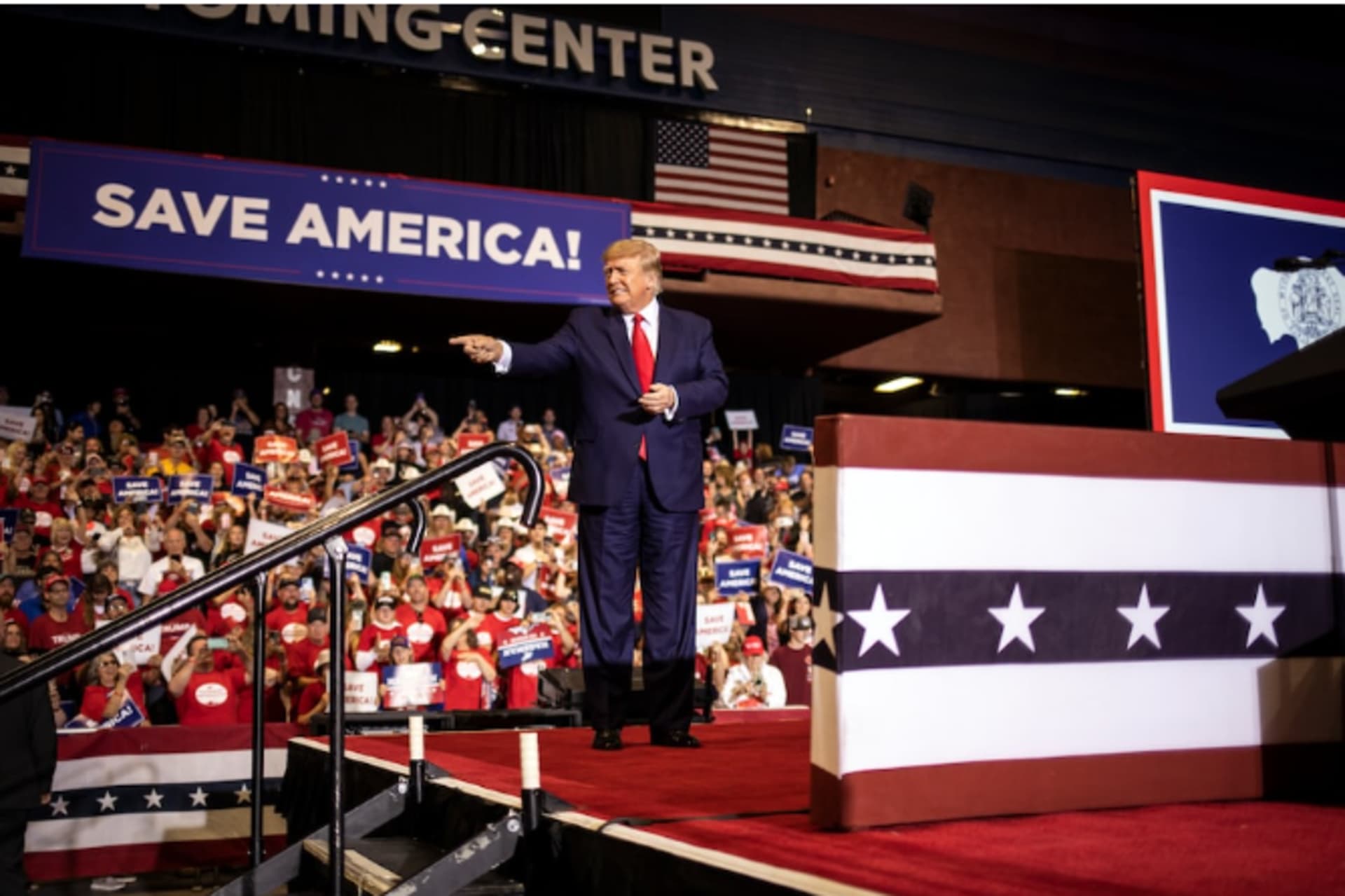 <p>Former president Donald Trump at a May 28 rally in Casper, Wyo., to support Harriet Hageman, the primary challenger to Liz Cheney. </p>