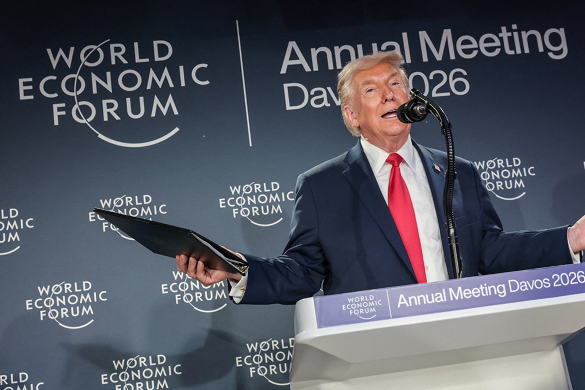 <p>U.S. President Donald Trump speaks during a reception with business leaders, at the 56th annual World Economic Forum (WEF), in Davos, Switzerland, January 21, 2026.</p>
