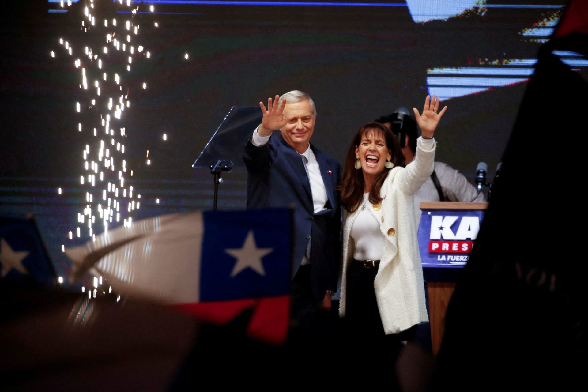 Photo of Chilean President-Elect Jose Antonio Kast and his wife after his victory in Chile's 2nd round election
