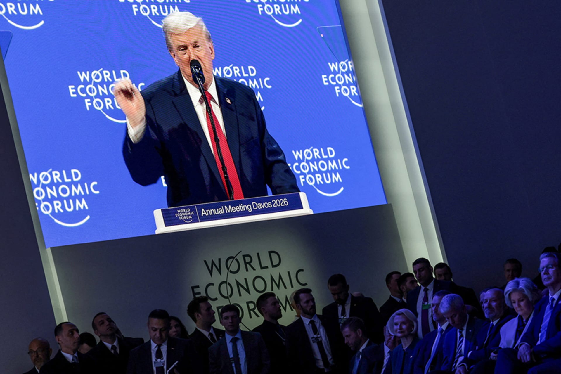 President Donald Trump speaks on a screen at the 56th annual World Economic Forum meeting in Davos.