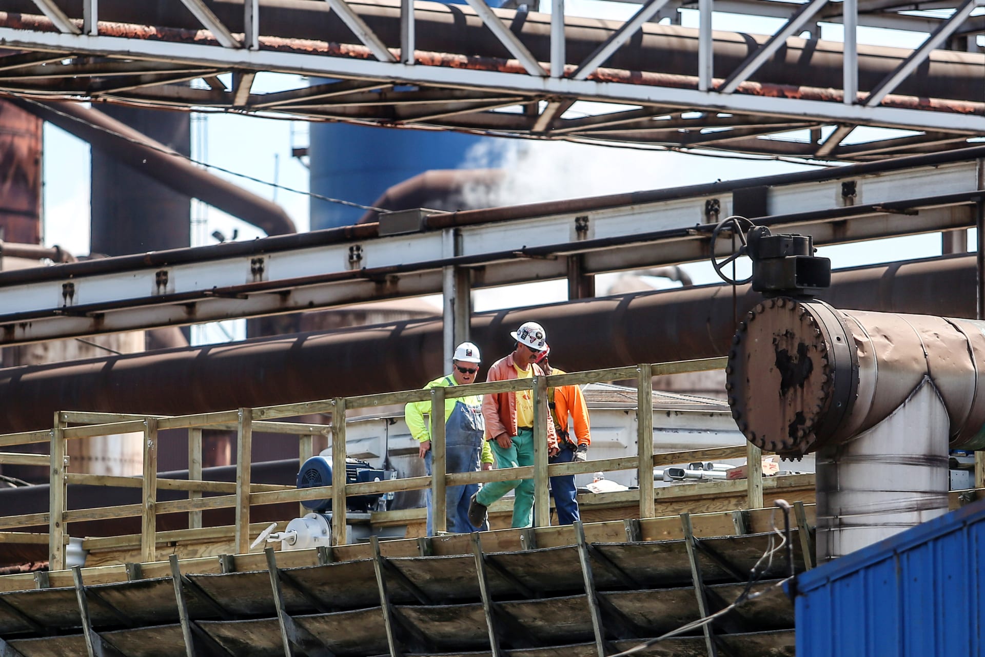 Steel workers return to work at U.S. Steel Granite City Works after a two-year idle in Granite City, Illinois