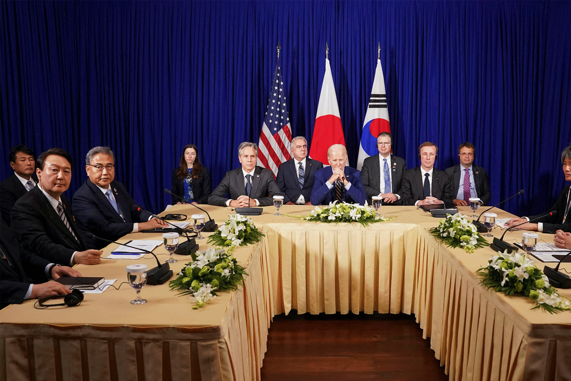U.S. President Joe Biden holds a trilateral meeting with Japanese Prime Minister Fumio Kishida and South Korean President Yoon Suk-yeol in Phnom Penh, Cambodia