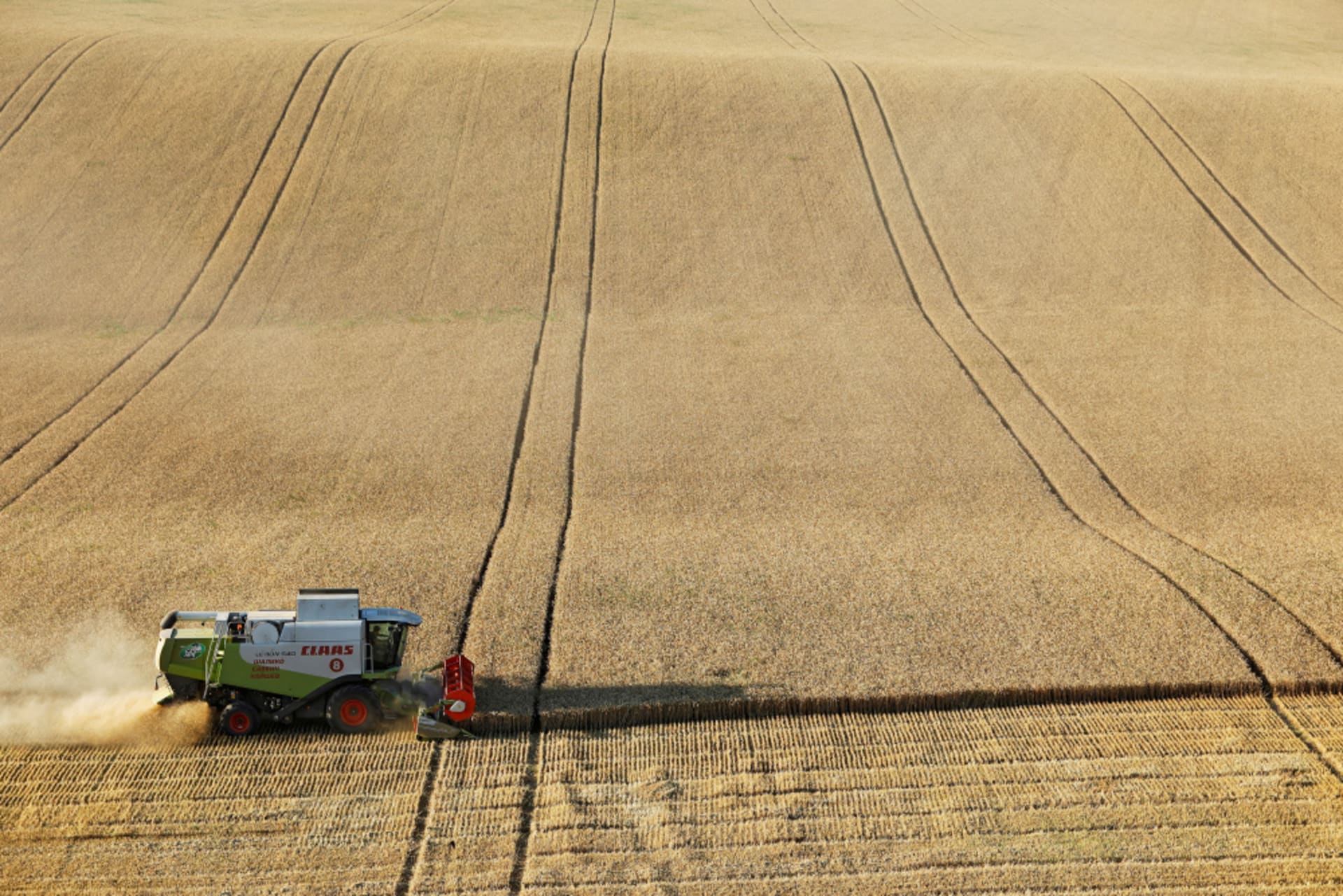 <p> A combine harvests wheat in a field near the village of Suvorovskaya in Stavropol Region, Russia</p>
