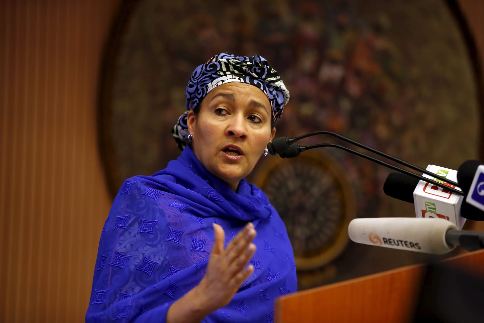 <p>Minister of Environment Amina Mohammed speaks at the opening session of a Public Lecture on Nigeria and the commonwealth of Nations in Abuja, Nigeria February 18, 2016. </p>
