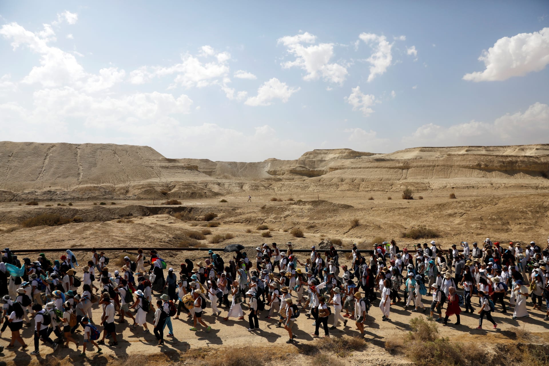<p>Israeli and Palestinian women march together as part of an event organized by “Women Wage Peace,” group calling for an end to the Israeli-Palestinian conflict, near the Jordan River. October 8, 2017. </p>