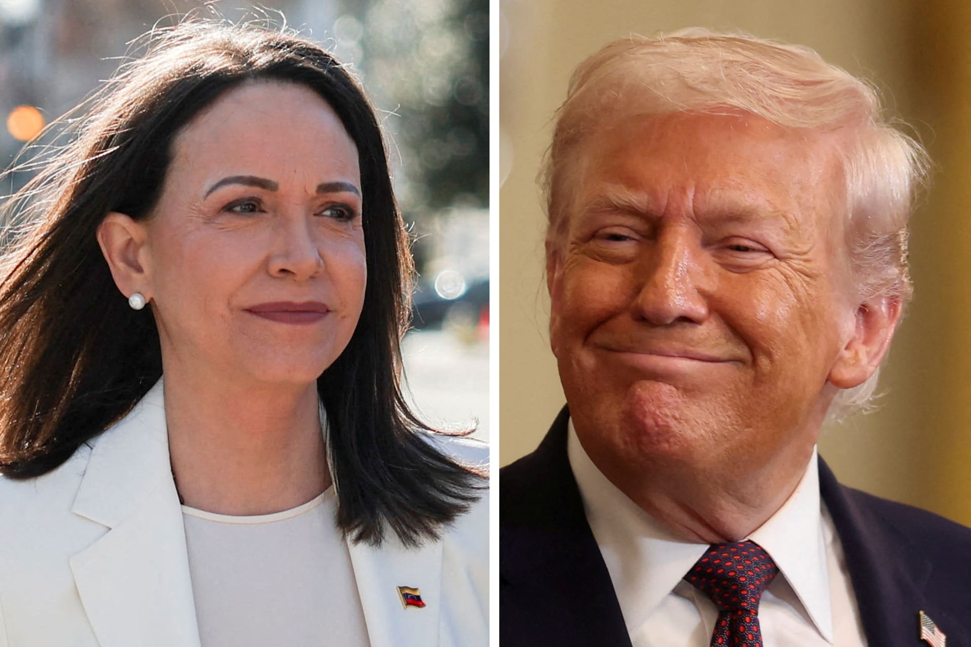 Combination image of U.S. President Donald Trump and Venezuelan opposition leader Maria Corina Machado at the White House in Washington