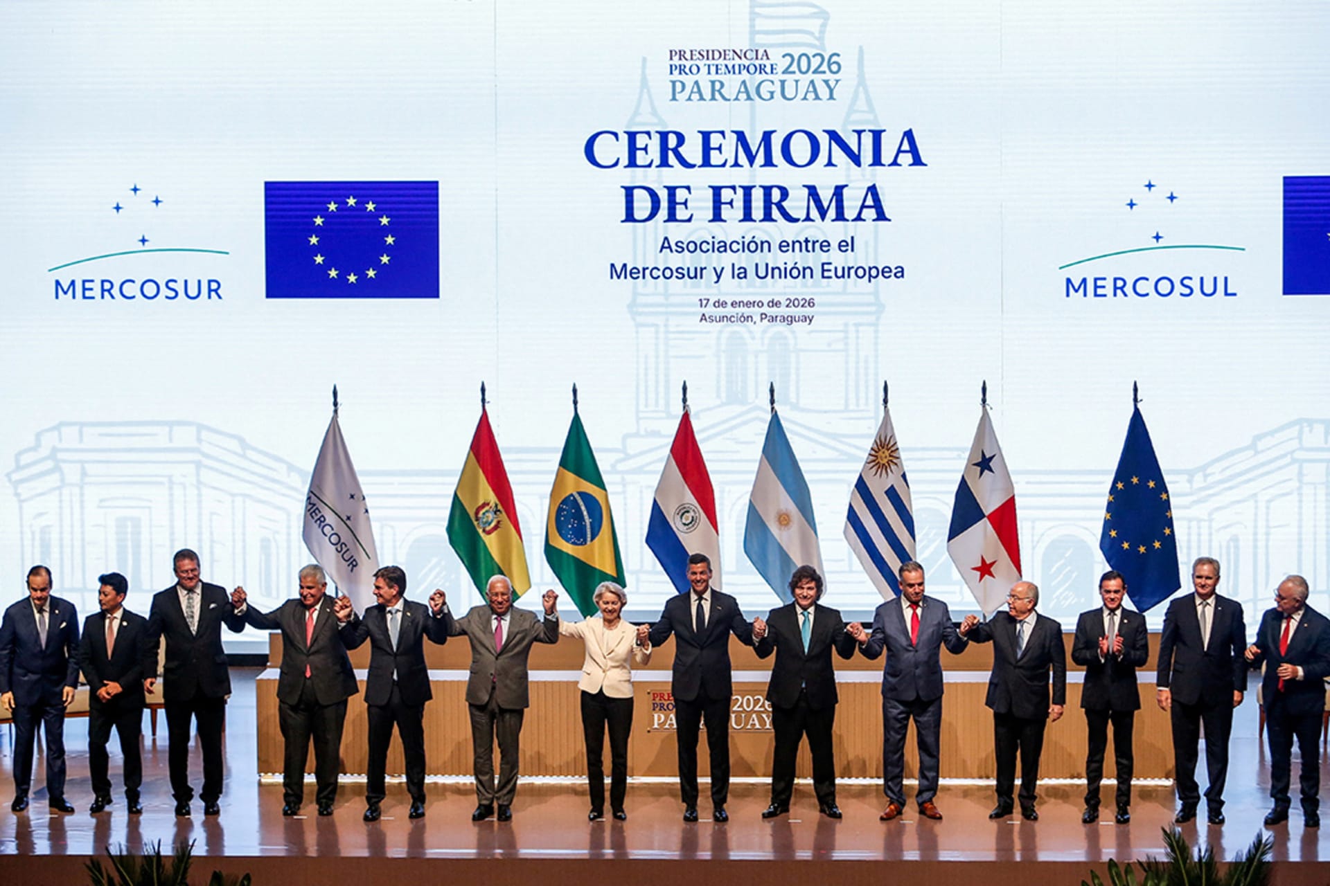 <p>Authorities from the EU and Mercosur pose during the signing ceremony of a free trade agreement, in Asunción, Paraguay, January 17, 2026.</p>