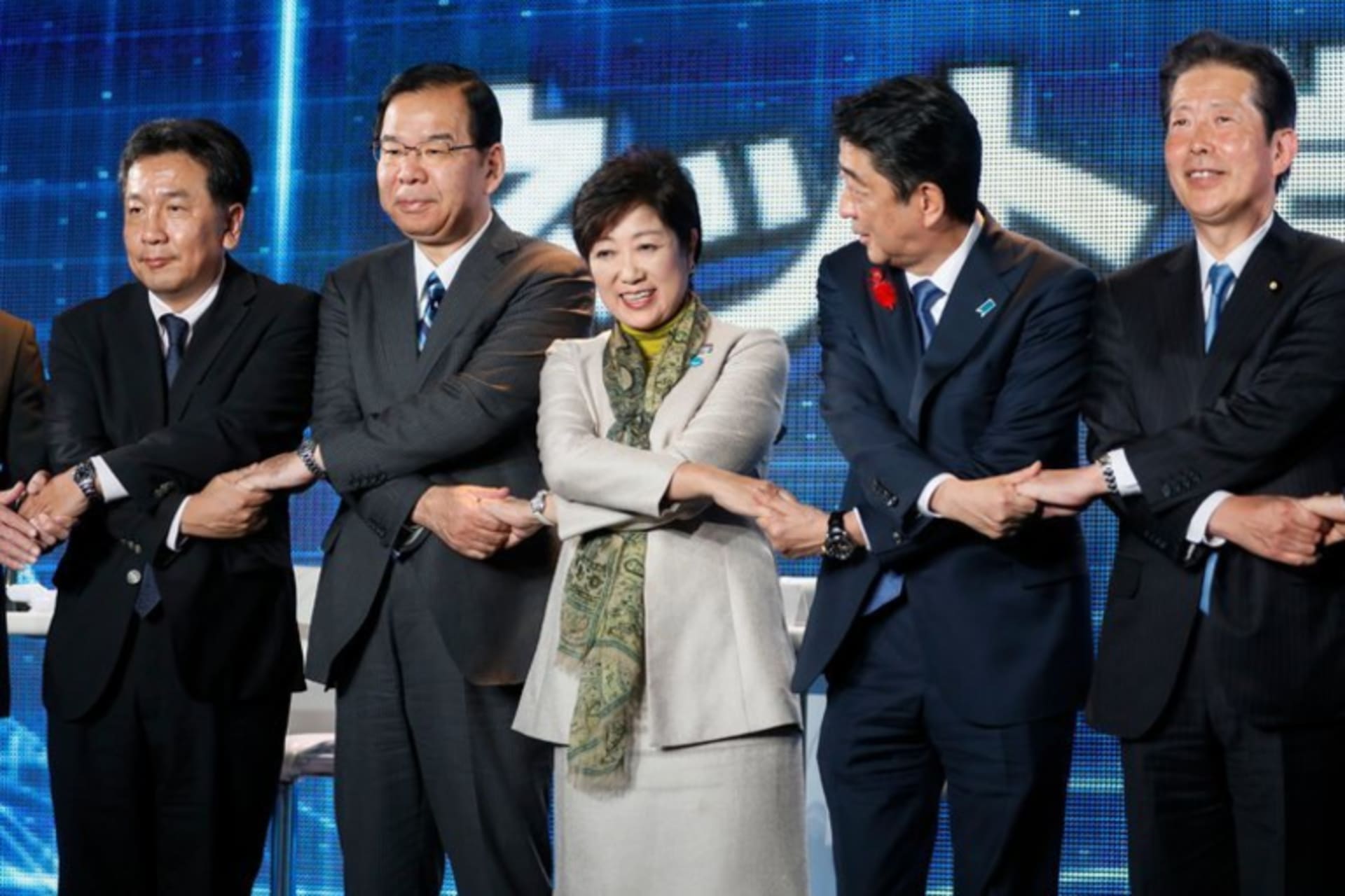 <p>Prime Minister Shinzo Abe of Japan, second from right, and Yuriko Koike, center, the governor of Tokyo, were among the leaders who participated in a debate in Tokyo on Saturday. </p>
