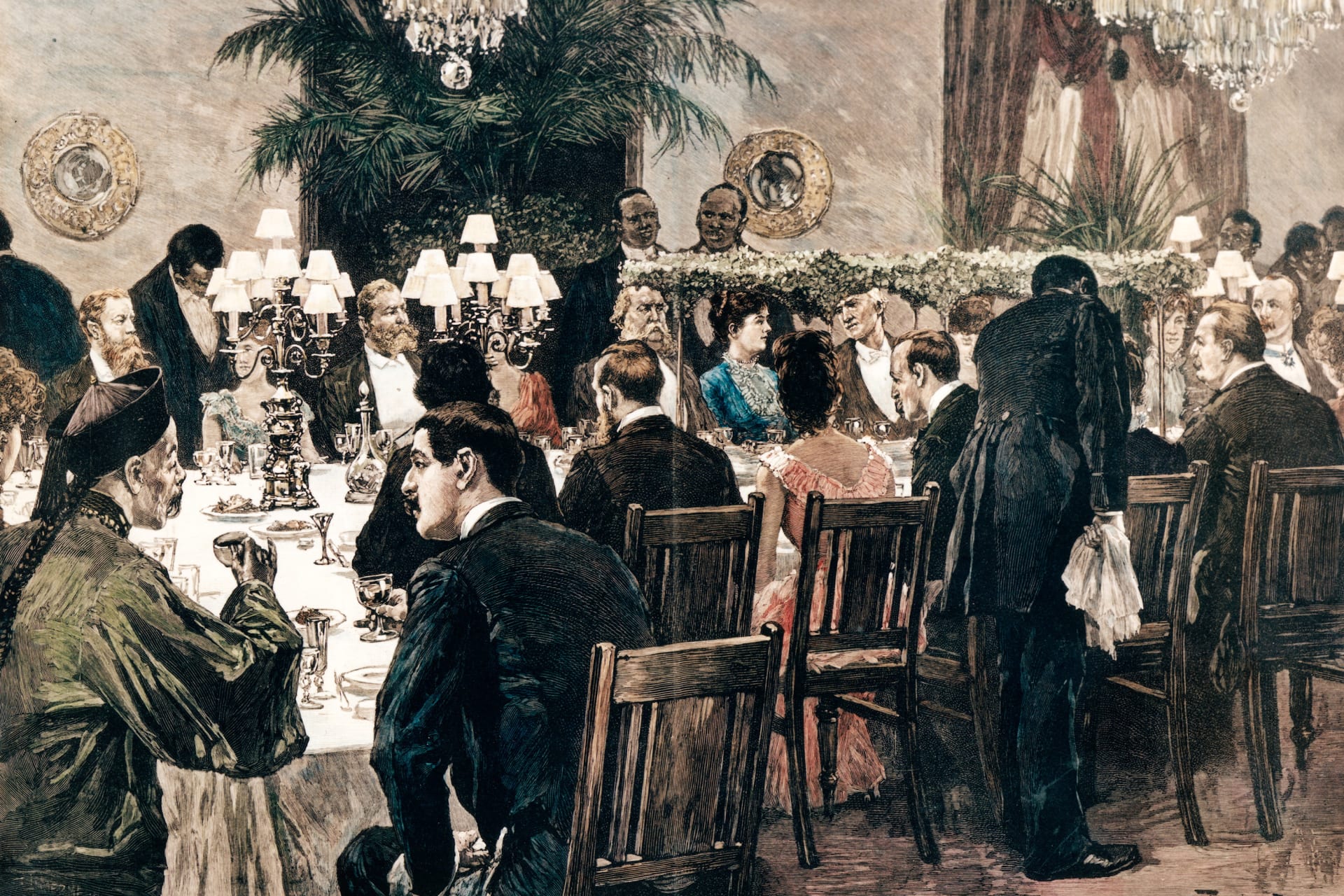 A State dinner during the Cleveland administration for diplomats in 1889.