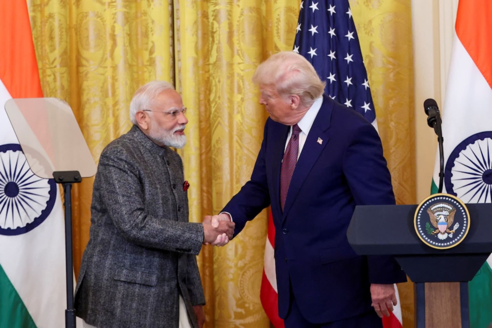 <p>U.S. President Donald Trump and Indian Prime Minister Narendra Modi shake hands as they attend a joint press conference at the White House in Washington, D.C., U.S., February 13, 2025.</p>
