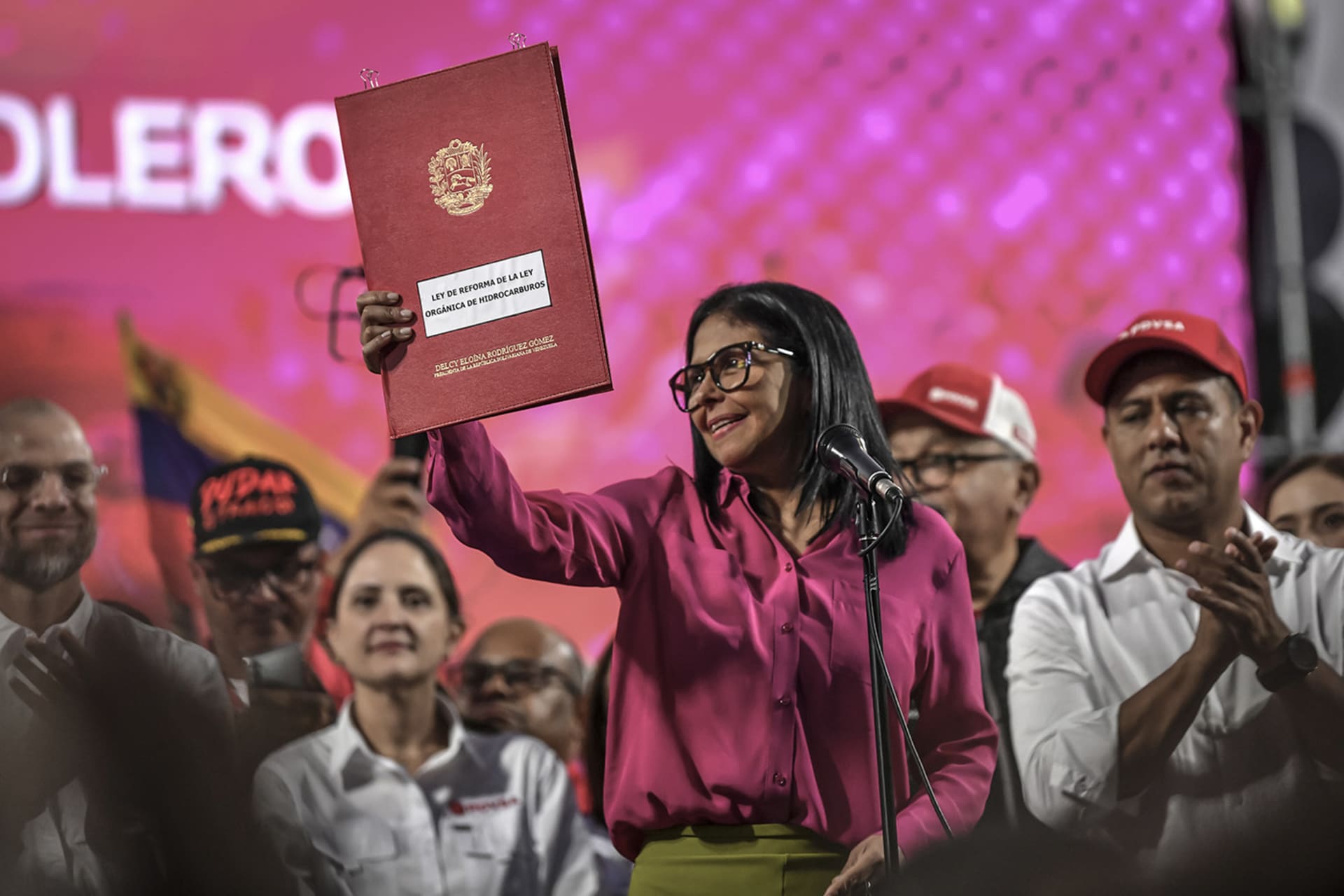 <div>
<div data-qa="message-text">
<div data-qa="block-kit-renderer">
<div>
<div>
<div>Venezuelan interim President Delcy Rodríguez holds the new oil reform during an event at Miraflores Palace in Caracas, January 29, 2026.</div>
</div>
</div>
</div>
</div>
</div>
