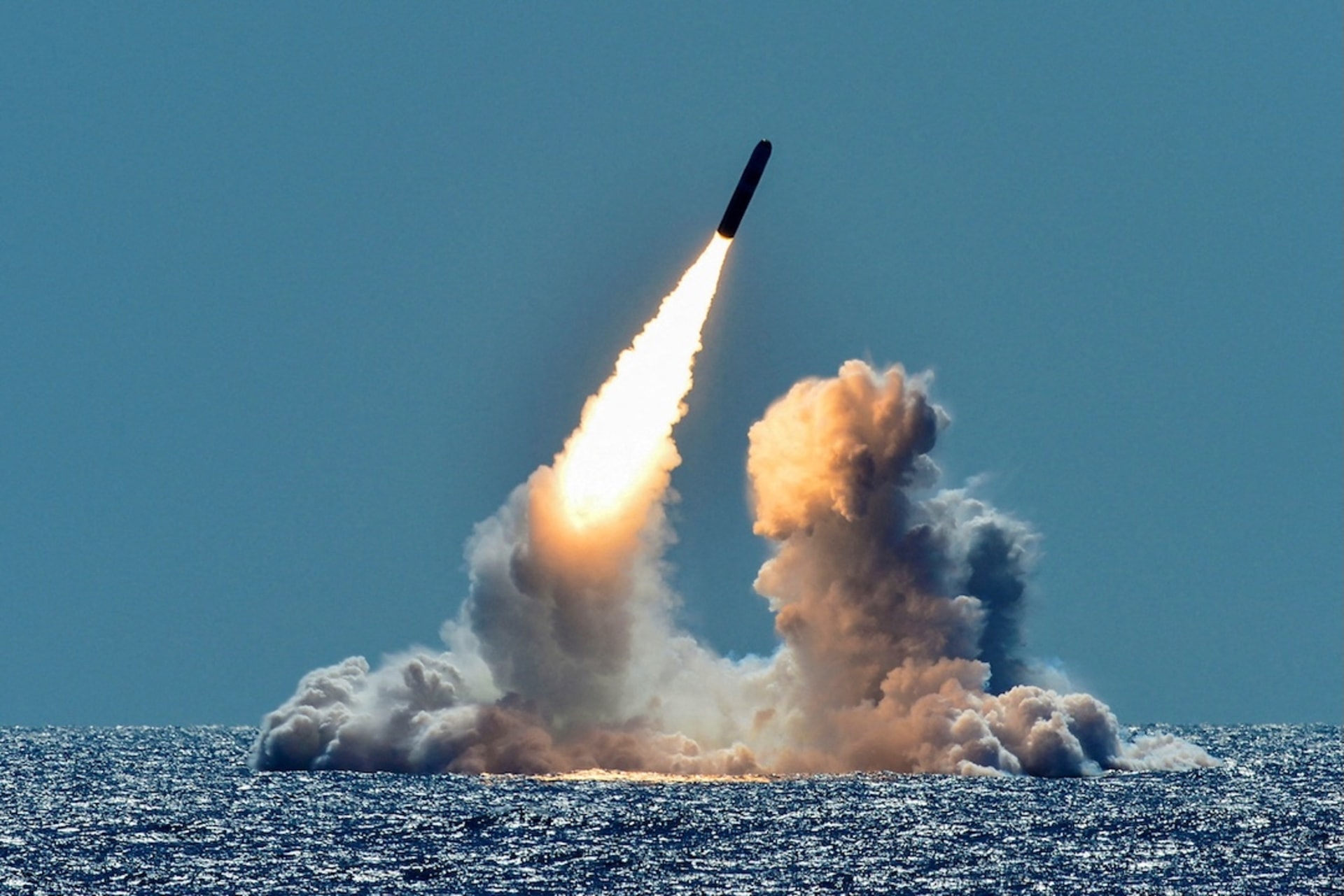 <p>An unarmed Trident II D5 missile is test-launched from the Ohio-class U.S. Navy ballistic missile submarine USS Nebraska off the coast of California, U.S. March 26, 2018.</p>
