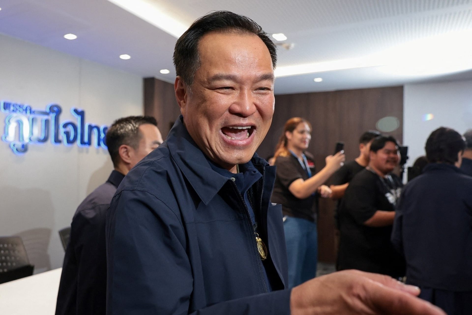 <p>Thailand’s caretaker Prime Minister Anutin Charnvirakul, Bhumjaithai Party leader and prime ministerial candidate, gestures following a press conference at the party headquarters on the day of the general election in Bangkok, Thailand, on February 8, 2026.</p>
