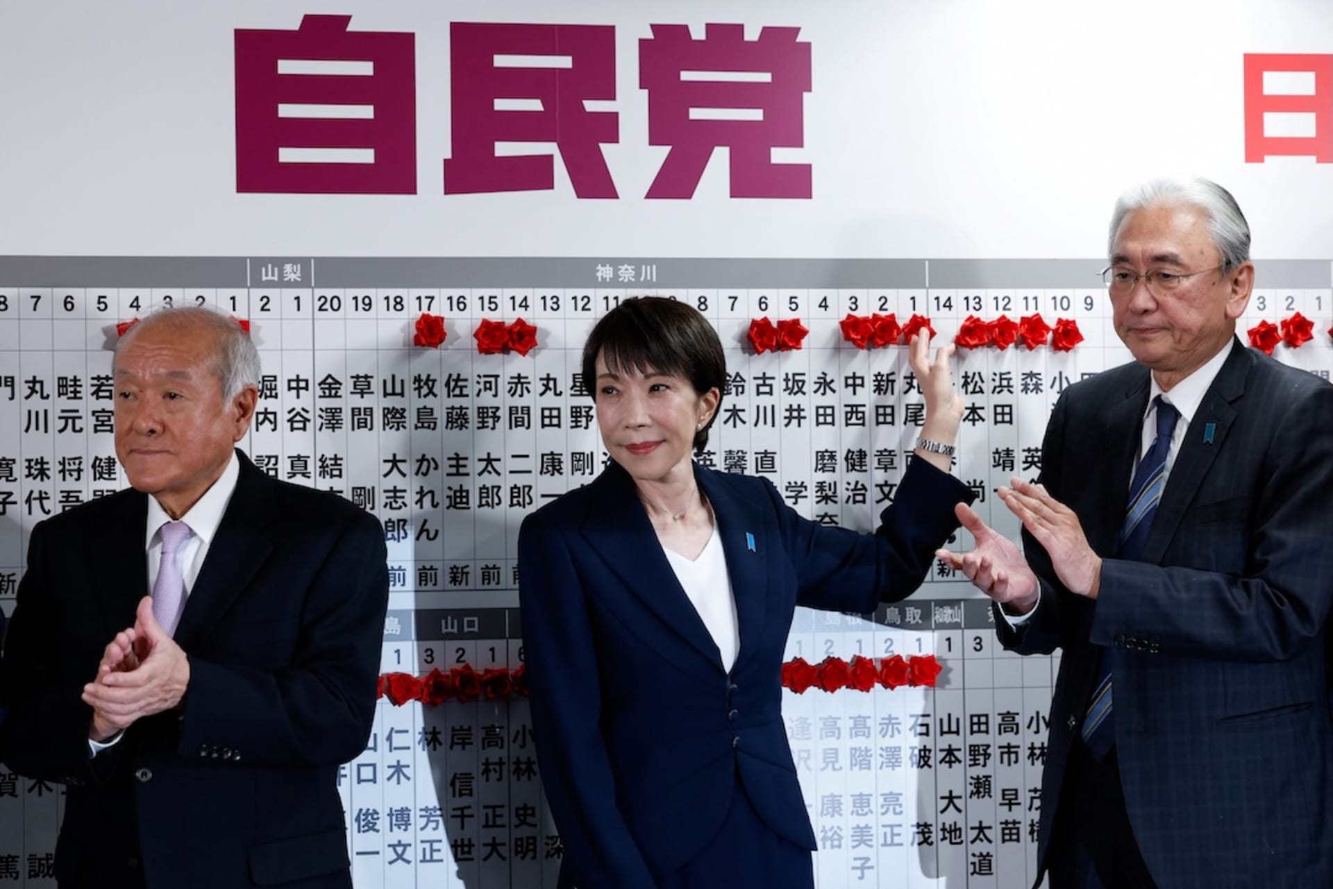 <p>Japan’s Prime Minister Sanae Takaichi, leader of the ruling Liberal Democratic Party (LDP), next to LDP Secretary-General Shunichi Suzuki and LDP Election Strategy Chief Keiji Furuya, places a red paper rose on the name of an elected candidate at the LDP headquarters on general election day in Tokyo, Japan, February 8, 2026. </p>
