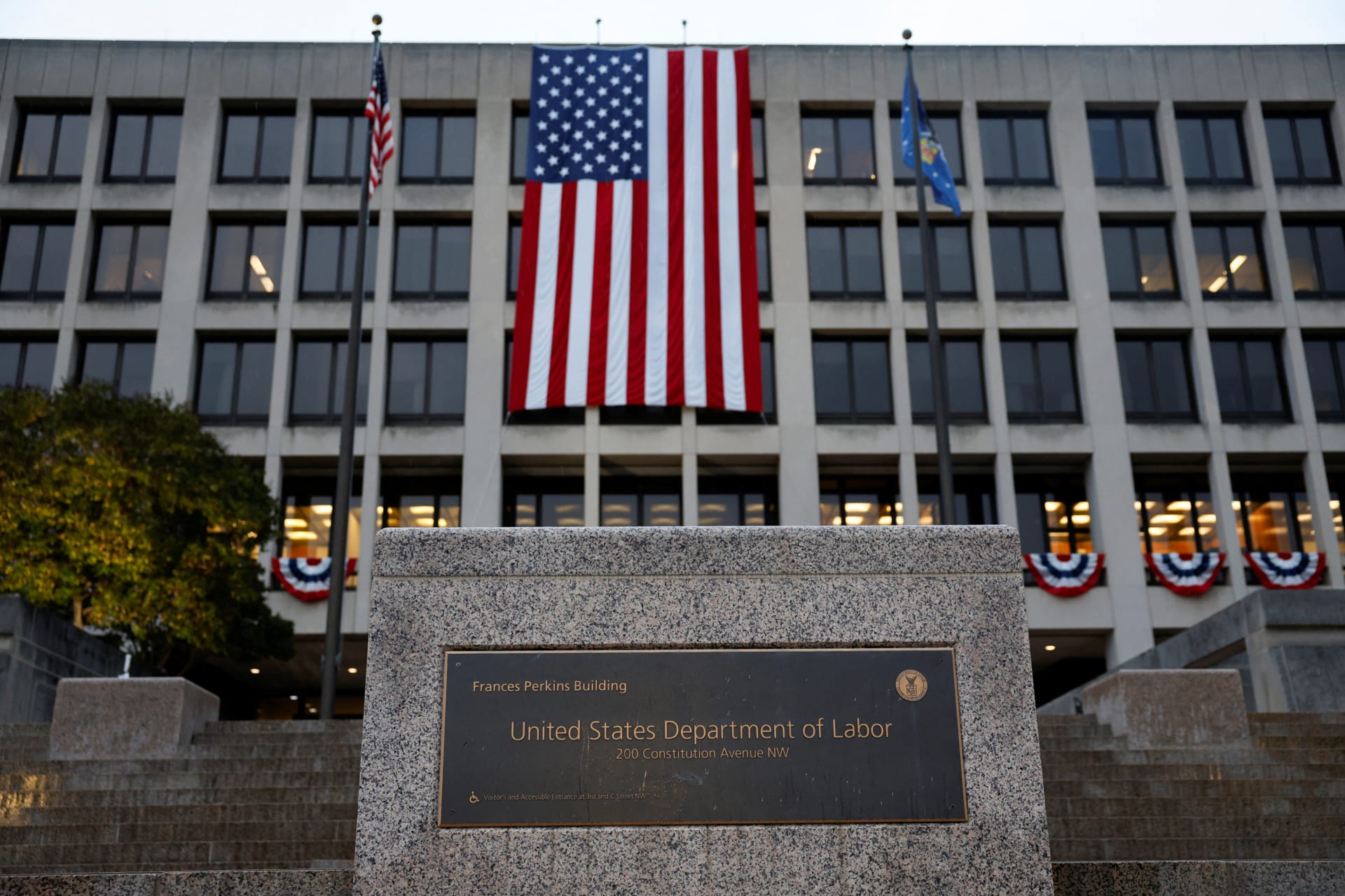 <p>An American flag hangs on the U.S. Department of Labor headquarters, in Washington, D.C., U.S., September 16, 2025. </p>
