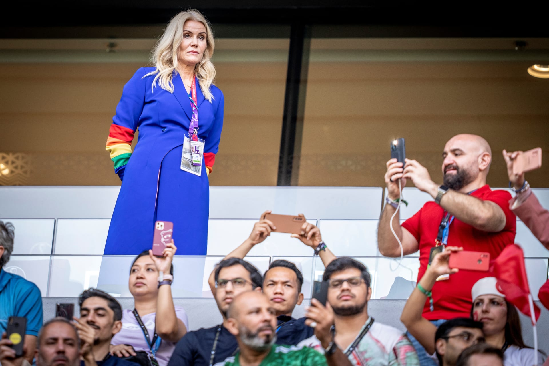 <p>DOHA, QATAR: Former Danish Prime Minister Helle Thorning-Schmidt wears the rainbow-colored armband, representing the LGBTQ+ community, before a FIFA World Cup match, on November 22, 2022.</p>
