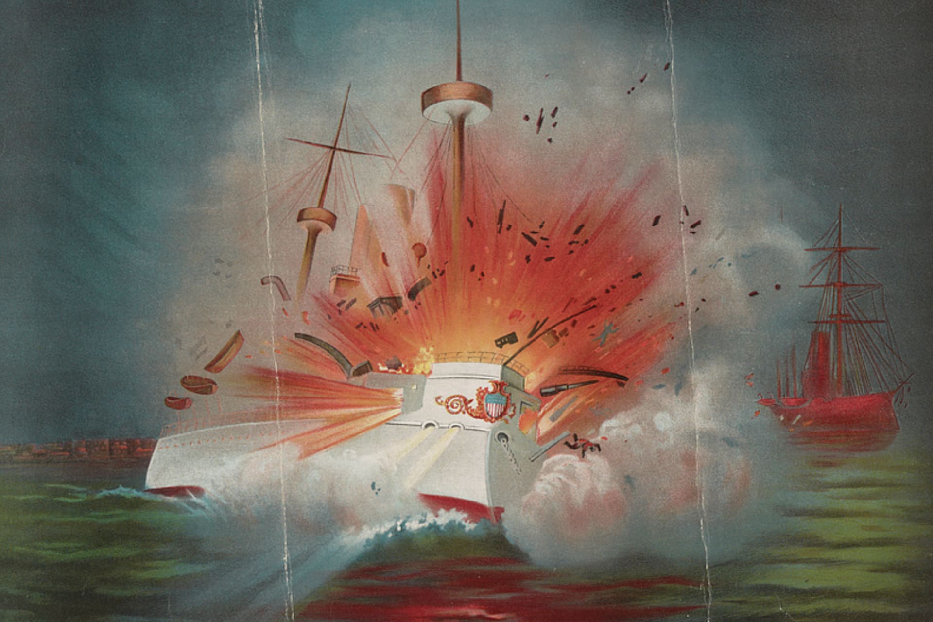 <p><span class="TextRun SCXW170245311 BCX0" lang="EN-US" xml:lang="EN-US" data-contrast="auto"><span class="NormalTextRun SCXW170245311 BCX0">An 1898 illustration </span><span class="NormalTextRun SCXW170245311 BCX0">of the U.S.S. </span></span><span class="TextRun SCXW170245311 BCX0" lang="EN-US" xml:lang="EN-US" data-contrast="auto"><span class="NormalTextRun SCXW170245311 BCX0">Maine</span></span><span class="TextRun SCXW170245311 BCX0" lang="EN-US" xml:lang="EN-US" data-contrast="auto"><span class="NormalTextRun SCXW170245311 BCX0"> </span><span class="NormalTextRun SCXW170245311 BCX0">exploding </span><span class="NormalTextRun SCXW170245311 BCX0">in </span><span class="NormalTextRun SCXW170245311 BCX0">Havana </span><span class="NormalTextRun SCXW170245311 BCX0">harbor.</span></span></p>
