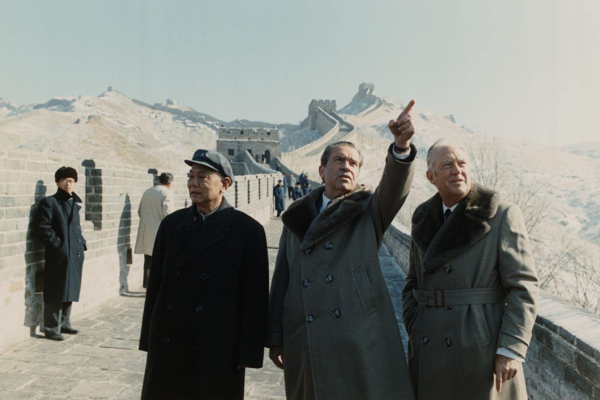 President Richard Nixon and Secretary of State William Rogers with Chinese Deputy Premier Li Xiannian during a visit to the Great Wall of China.