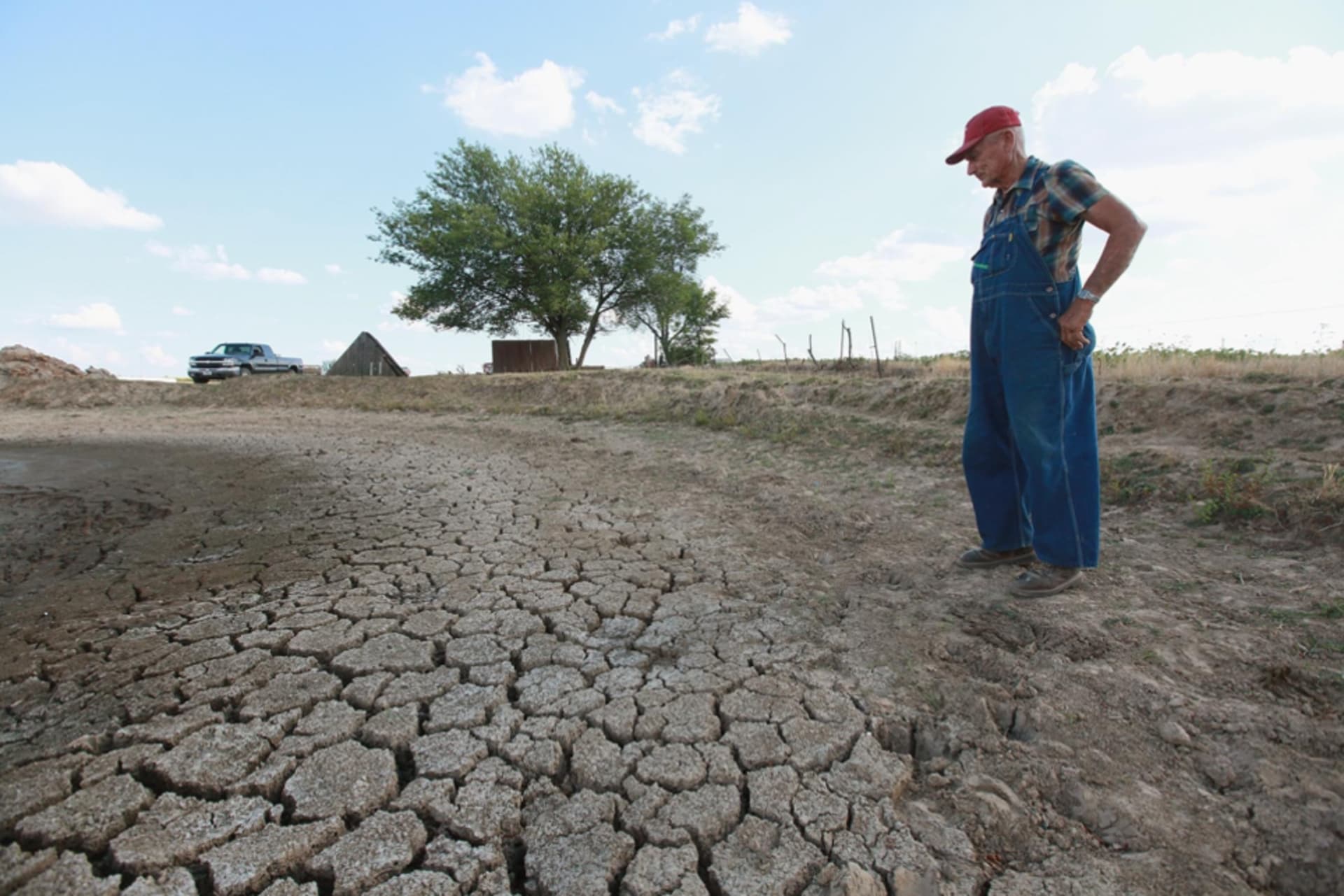 A farmer looks over a pond he uses to water the cattle on his farm in Ashley, Illinois, on July 16, 2012. Scott Olson/Getty Images