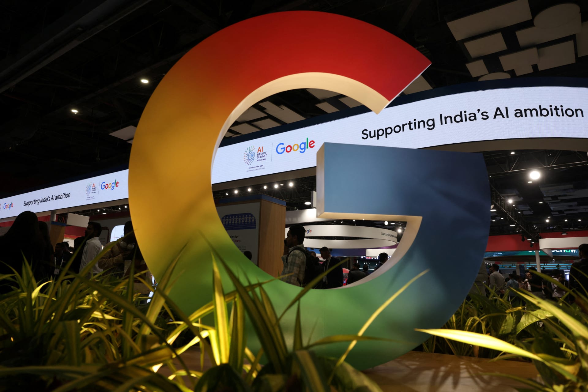 A large colorful sculpture of the Google logo on display at the AI Impact Summit, in New Delhi, India.