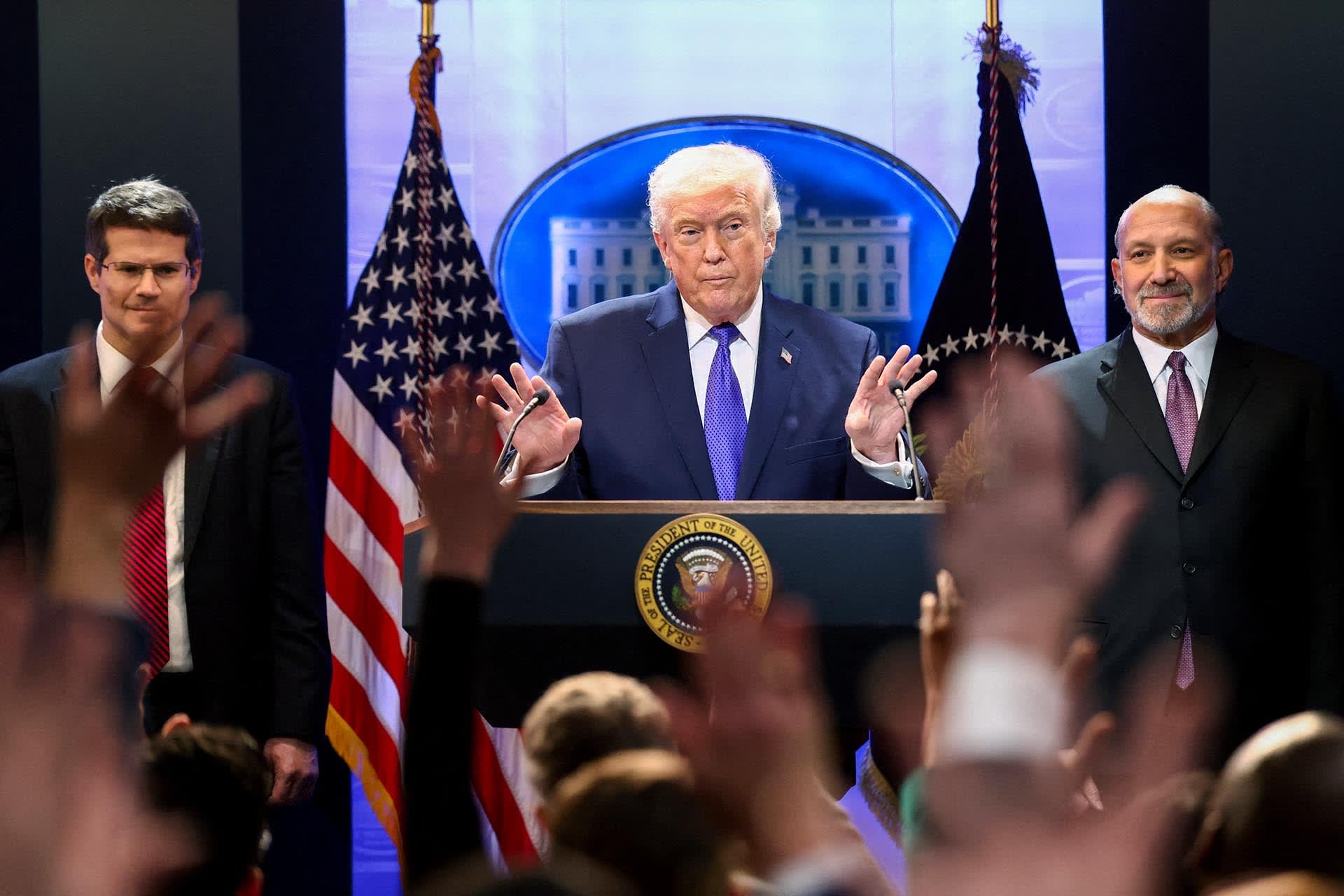<p>U.S. President Donald Trump, Secretary of Commerce Howard Lutnick and Solicitor General D. John Sauer at a White House press briefing following the Supreme Court’s ruling, February 20, 2026.</p>
