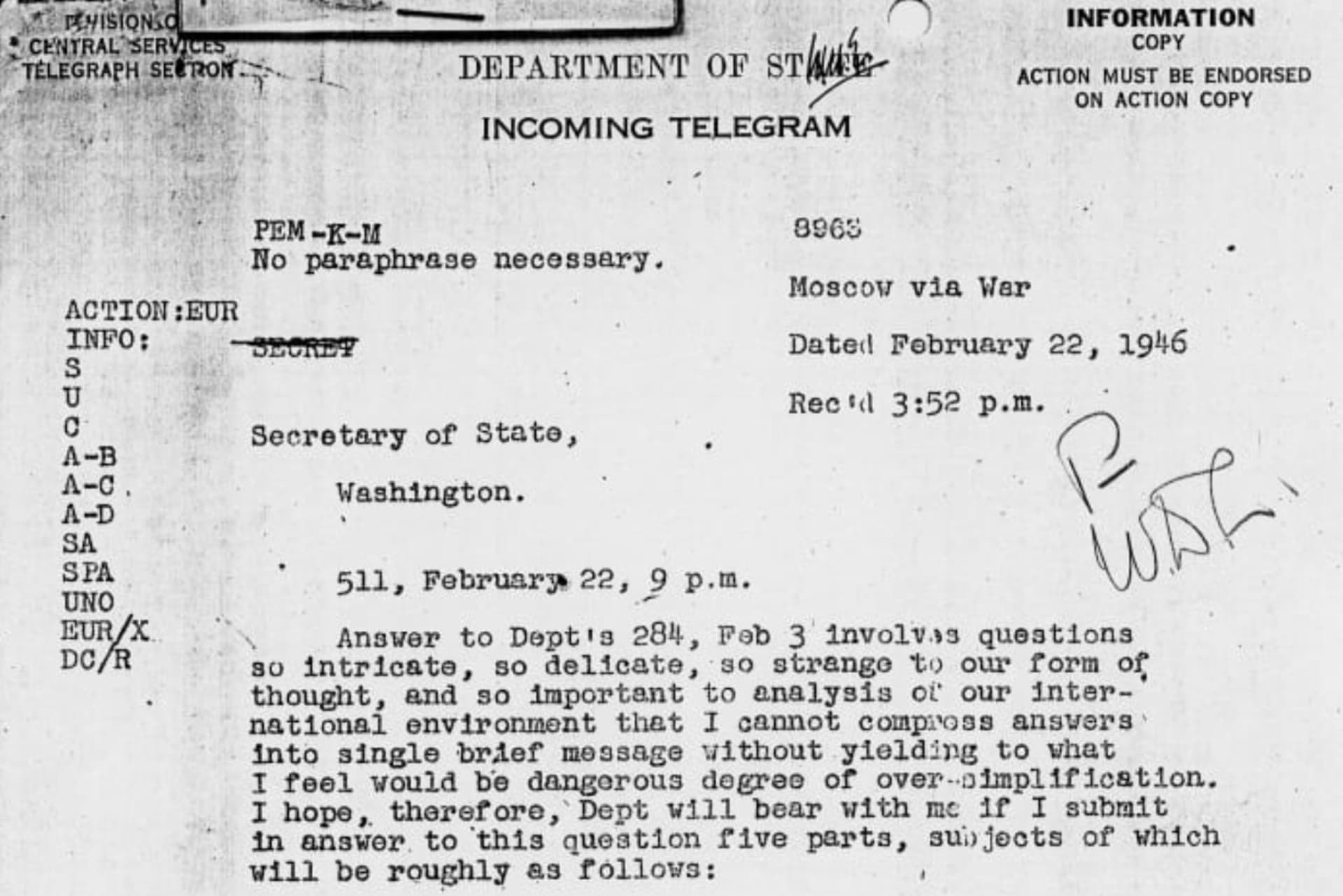 <p><span class="NormalTextRun SCXW75856897 BCX0">The introduction of George Kennan’s “Long Telegram” to the Department of State</span><span class="NormalTextRun SCXW75856897 BCX0">, </span><span class="NormalTextRun SCXW75856897 BCX0">February 22, 194</span><span class="NormalTextRun SCXW75856897 BCX0">6.</span></p>
