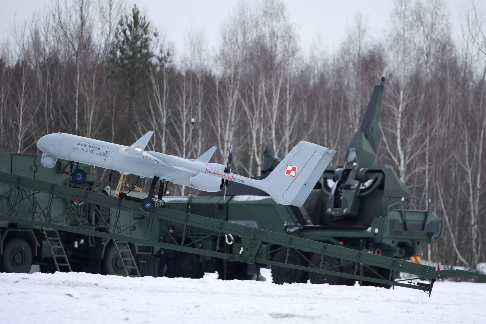 A Polish unmanned aerial vehicle is displayed during an open test conducted by the Polish Armaments Group in Zielonka, Poland.