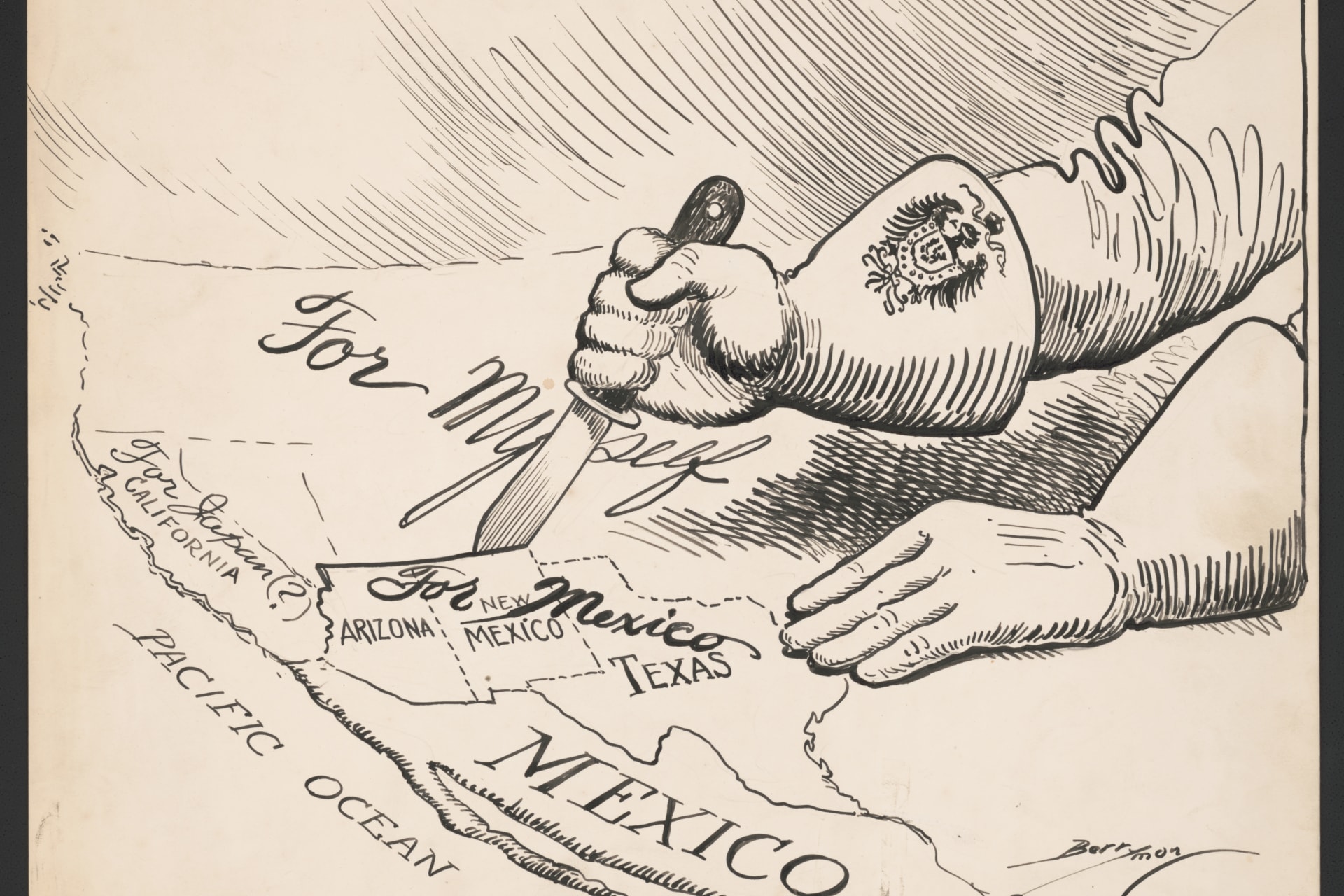 <p>Cartoon in reaction to the Zimmermann Telegram published in The Evening Star, March 4, 1917 in Washington D.C.</p>
