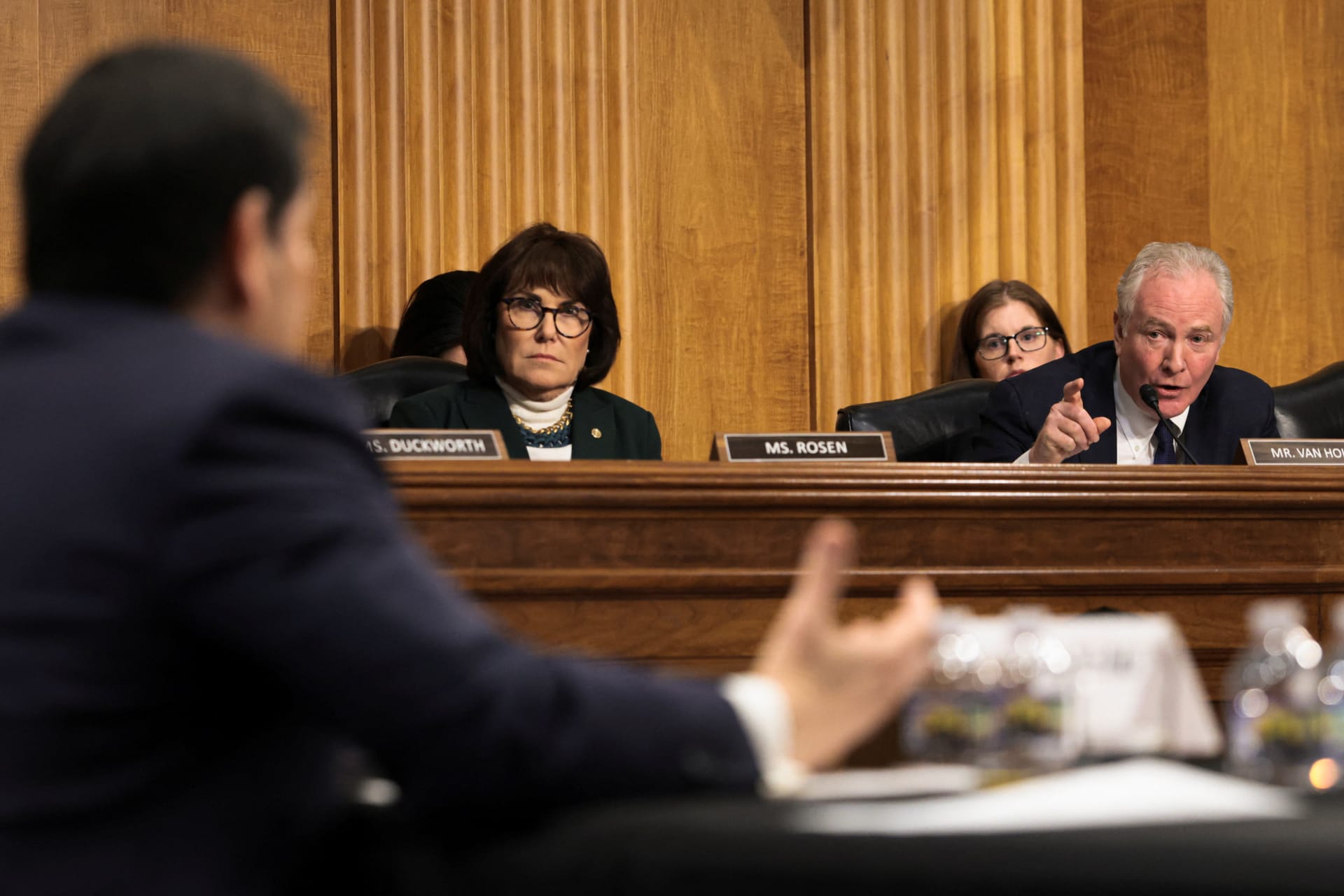 <p>Senator Chris Van Hollen (D-MD) questions Secretary of State Marco Rubio on U.S. policy toward Venezuela during a Senate Foreign Relations Committee hearing, January 28, 2026.</p>
