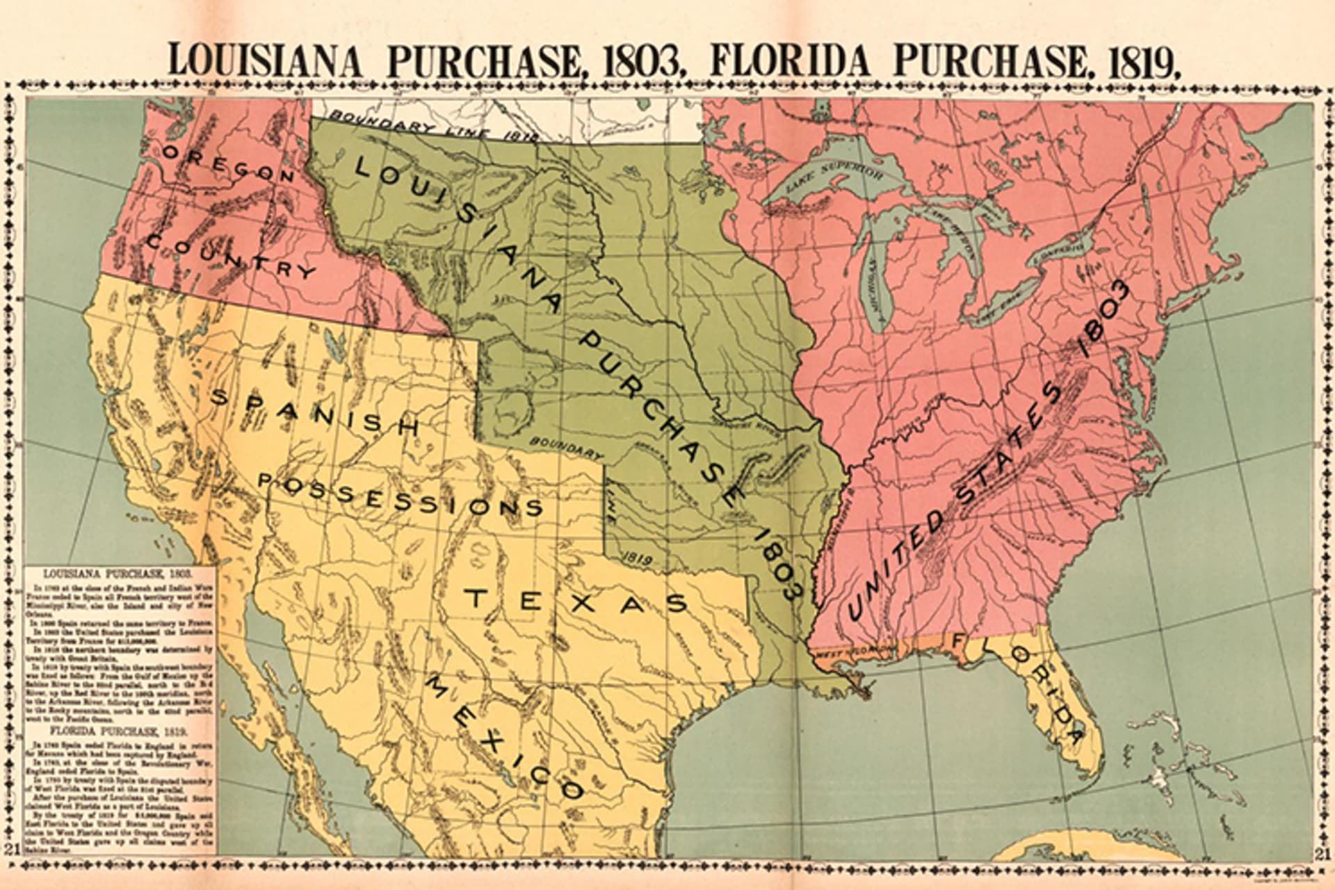 A color historical map of the Louisiana Purchase in 1803. The territory of the Louisiana Purchase is colored green. 