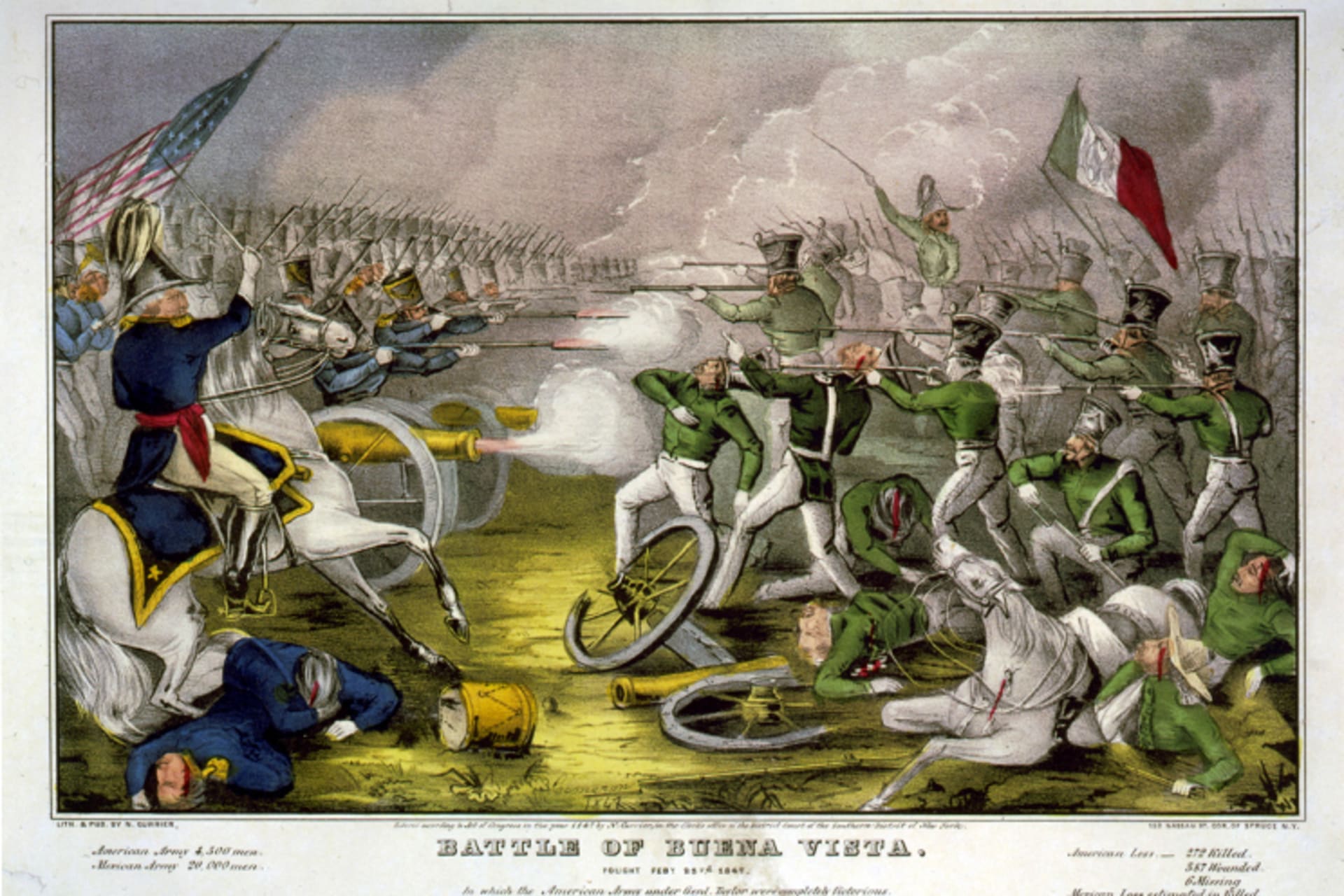 A color painting showing the Battle of Buena Vista. American forces are shown on the left side of the painting with an American flag behind them and Mexican forces are shown on the right side with a Mexican flag behind them.