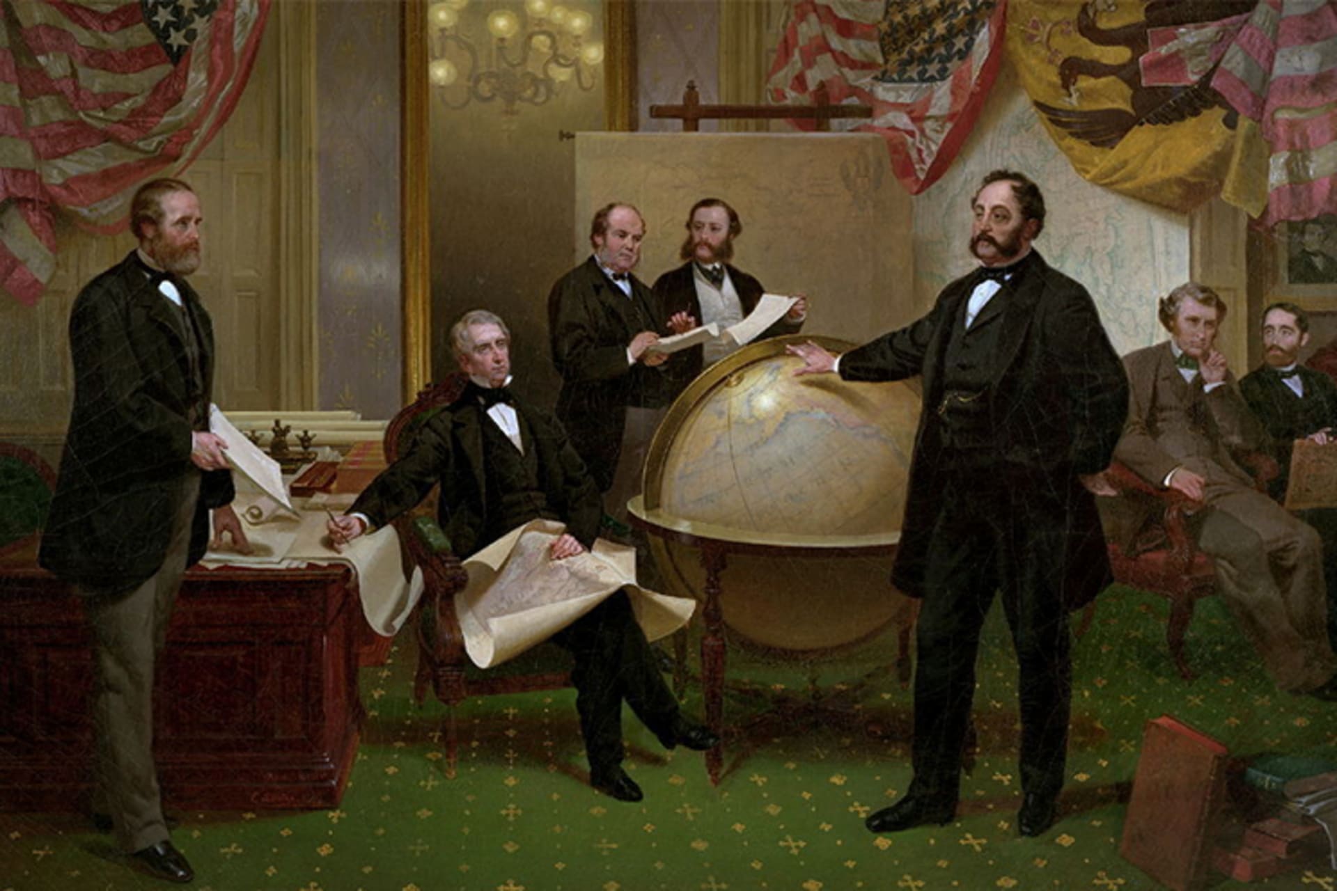 A color reproduction of a painting showing the signing of the Alaska Treaty. Men stand in a room holding maps and globes. 