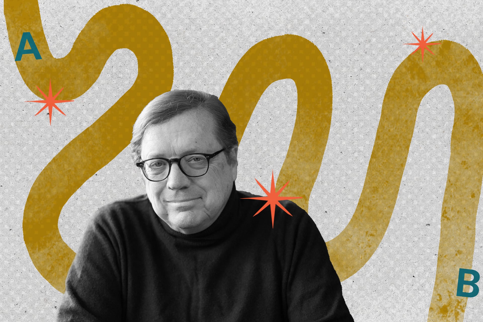 David Scheffer sits in front of yellow graphic.