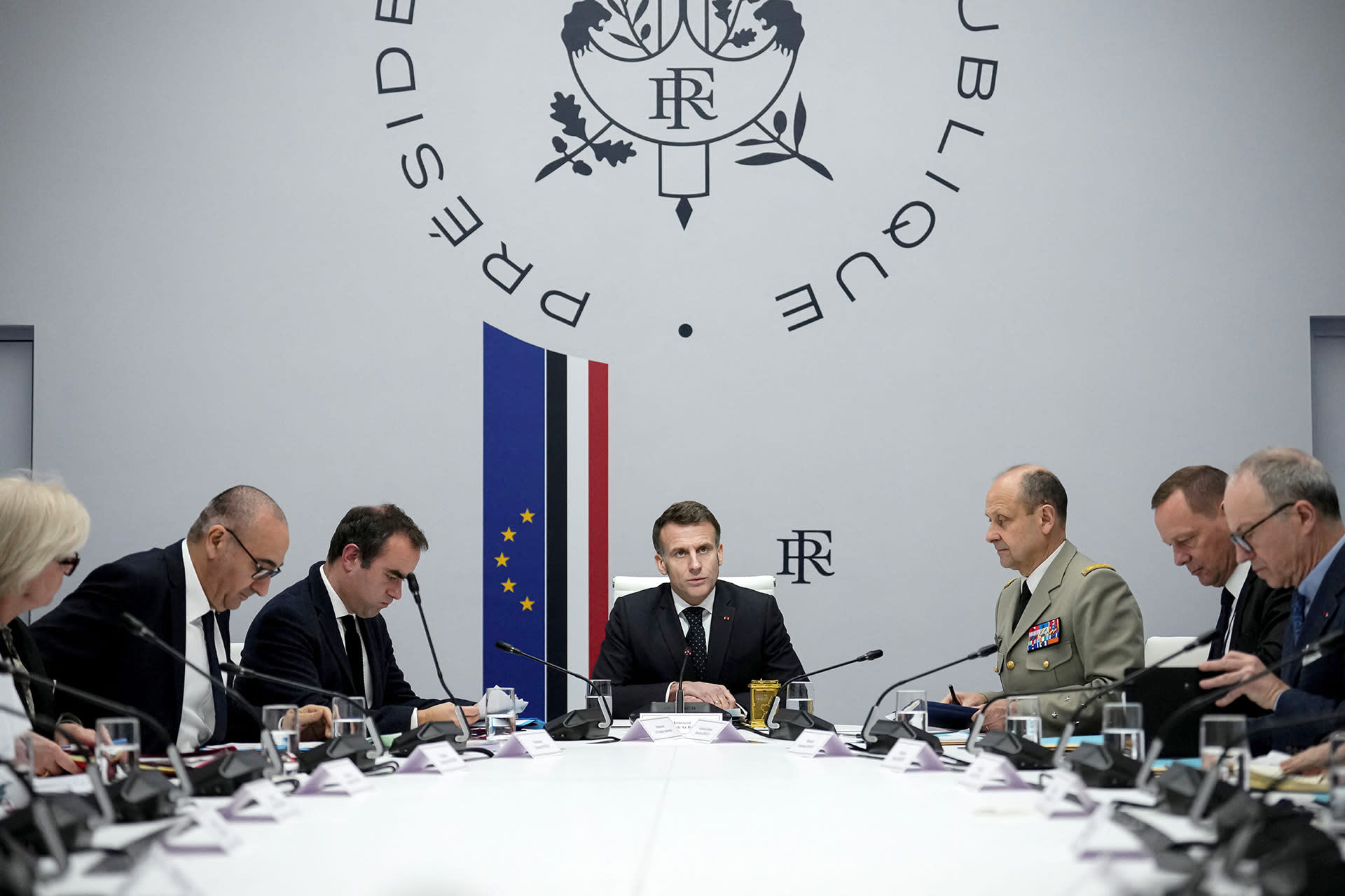 France's President Emmanuel Macron speaks during a national defense council meeting, following U.S. and Israeli strikes on Iran, at the Elysee Palace, in Paris, France, on March 1, 2026.