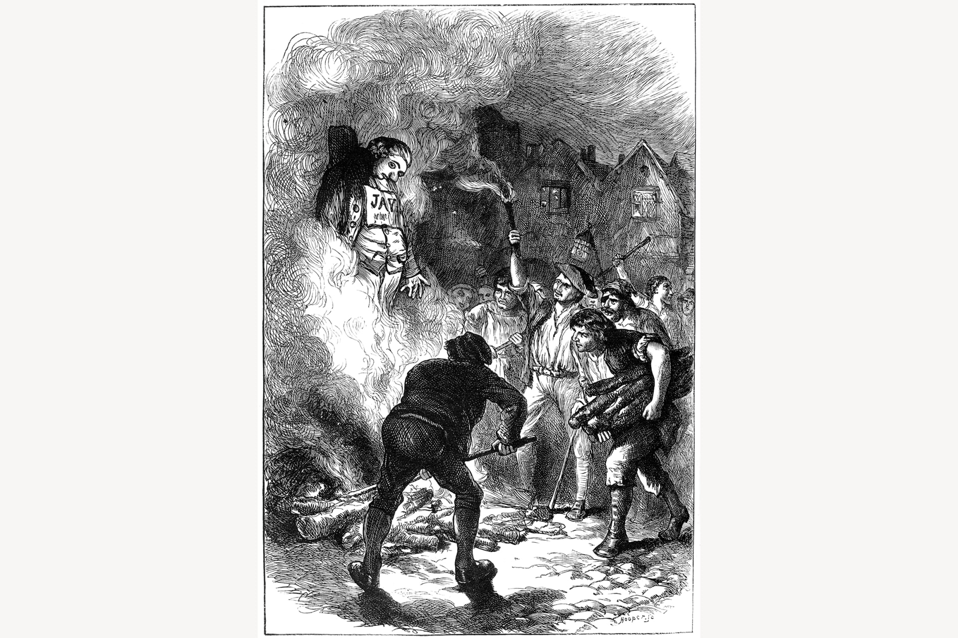 A black and white illustration showing the burning of John Jay's effigy. 