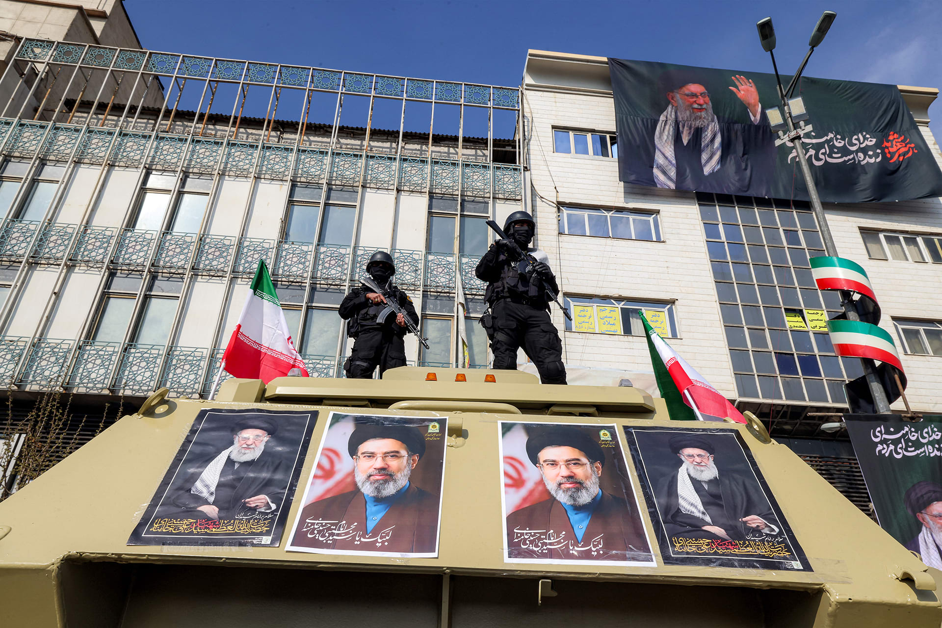 Security forces deploy to guard a rally in support of Iran's new Supreme Leader at Enghelab Square in central Tehran on March 9, 2026.