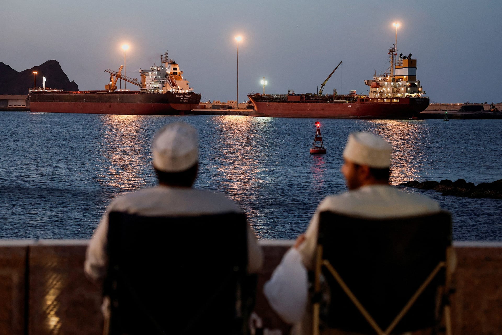 Two men sit facing away, looking out toward two ships docked in the water.