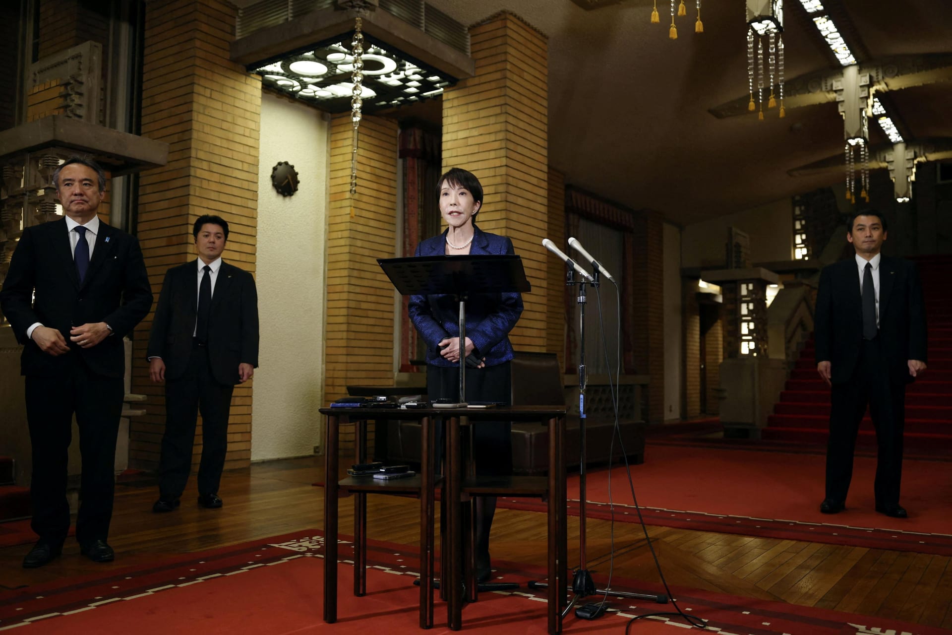 Japan's Prime Minister Sanae Takaichi speaks to media about Japan's plan to release part of oil reserves in Tokyo