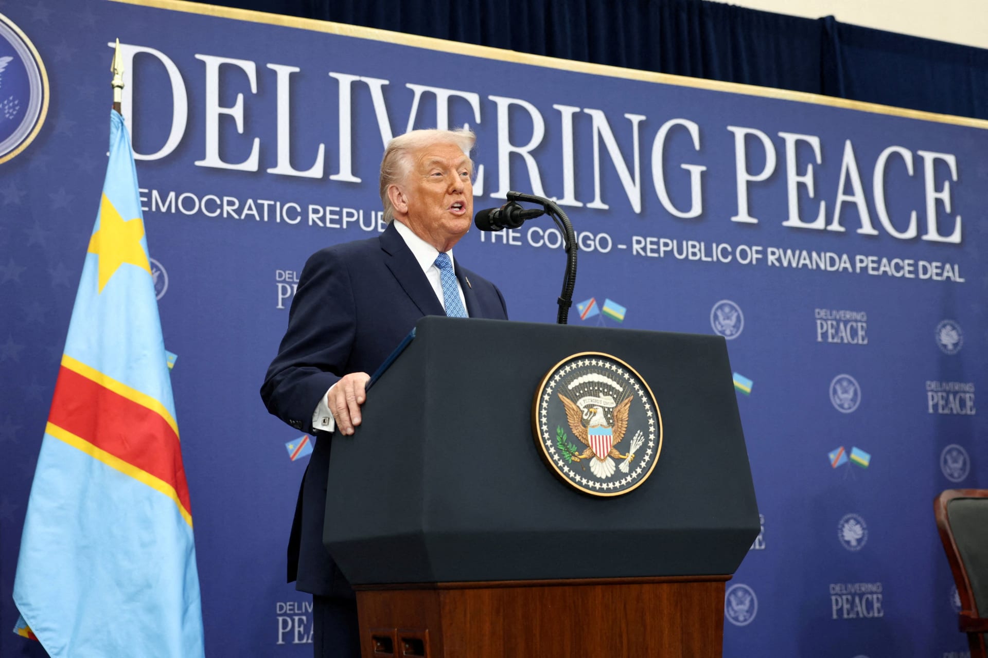 U.S. President Donald Trump speaks during a signing ceremony at the U.S. Institute of Peace, which the Trump administration renamed the Donald J Trump Institute of Peace, in Washington, D.C. on December 4, 2025.