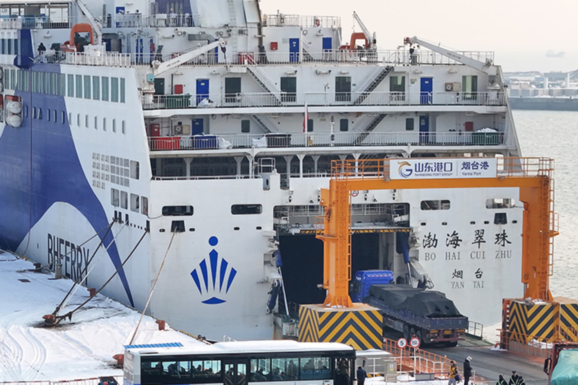 Vehicles are crossing the Bohai Strait and entering a Chinese passenger roll-on/roll-off ship