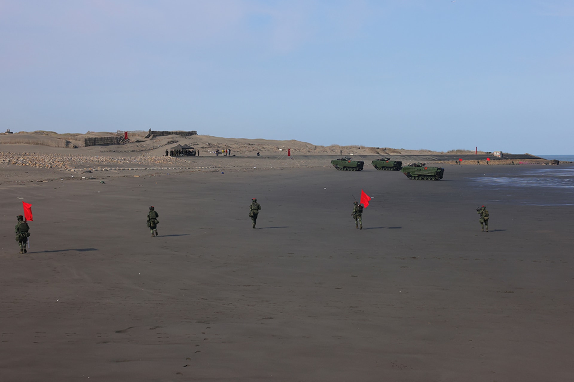 Soldiers are seen on beach during an anti-landing military exercise.