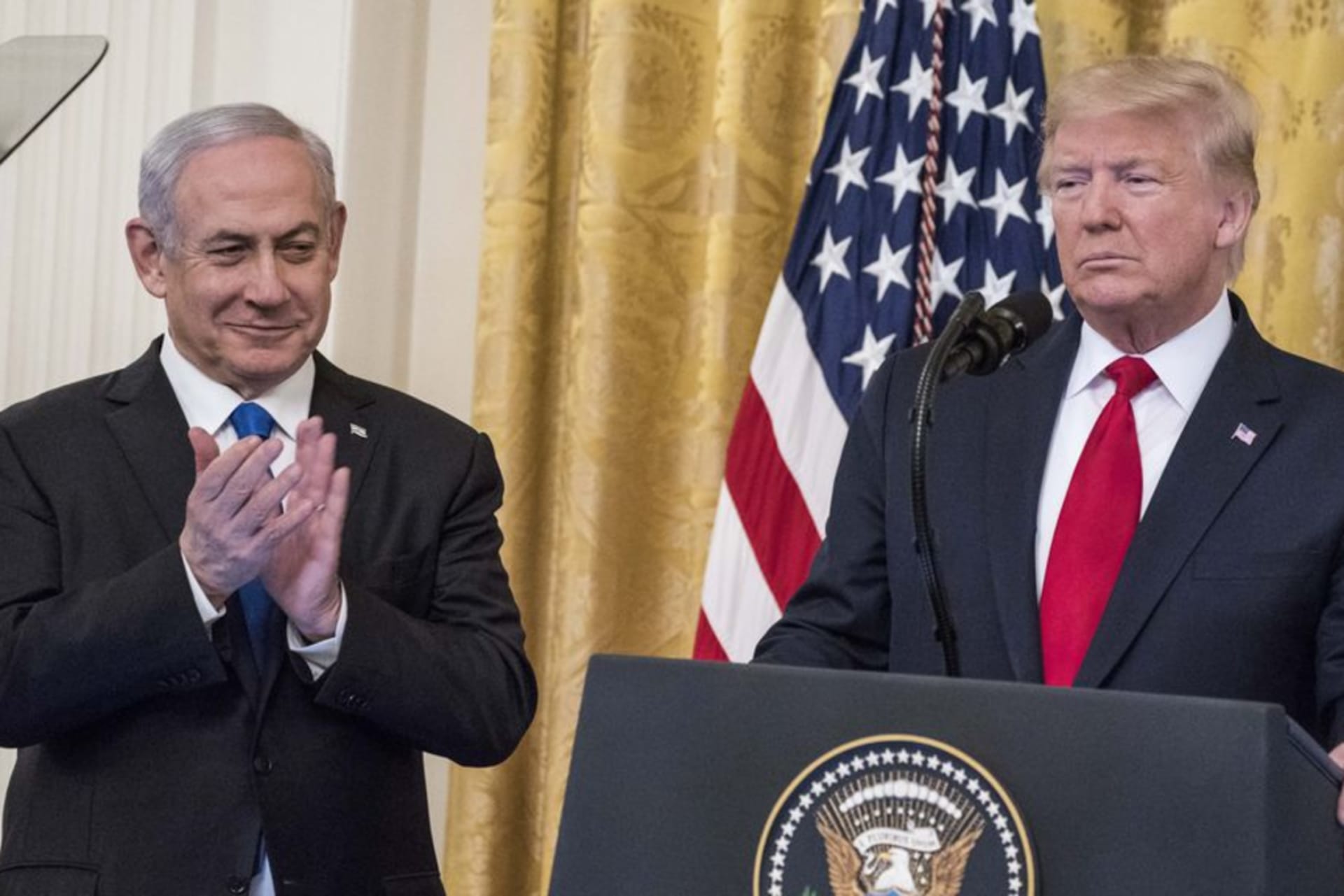 <p>Trump and Netanyahu announce the peace plan at the White House Tuesday.</p>